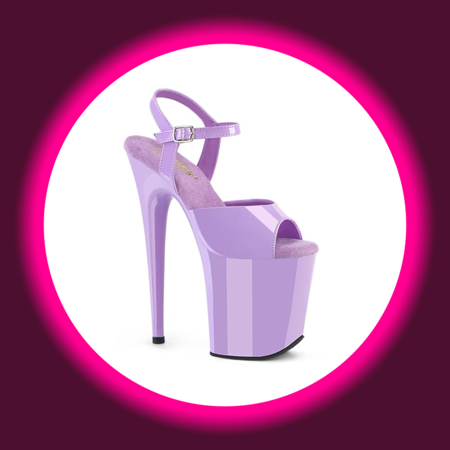 Winkelansicht violette Plateau Sandale mit sehr hohem Absatz, Pleaser Flamingo 809