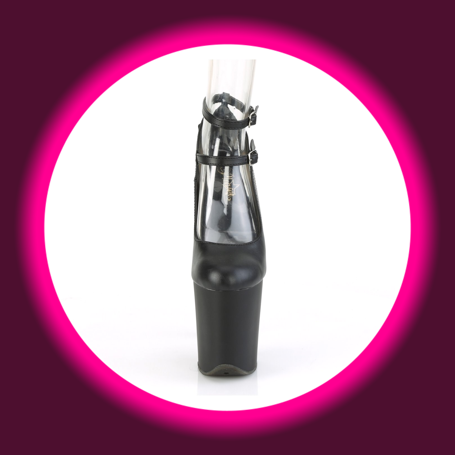 Frontansicht schwarze Plateau Pumps Pleaser Flamingo 850 mit Fesselriemen und sehr hohem Plateau