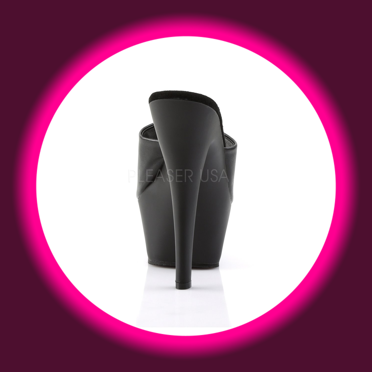 Rückansicht schwarze Plateau-Pantoletten mit hohem Absatz, Pleaser Kiss 201