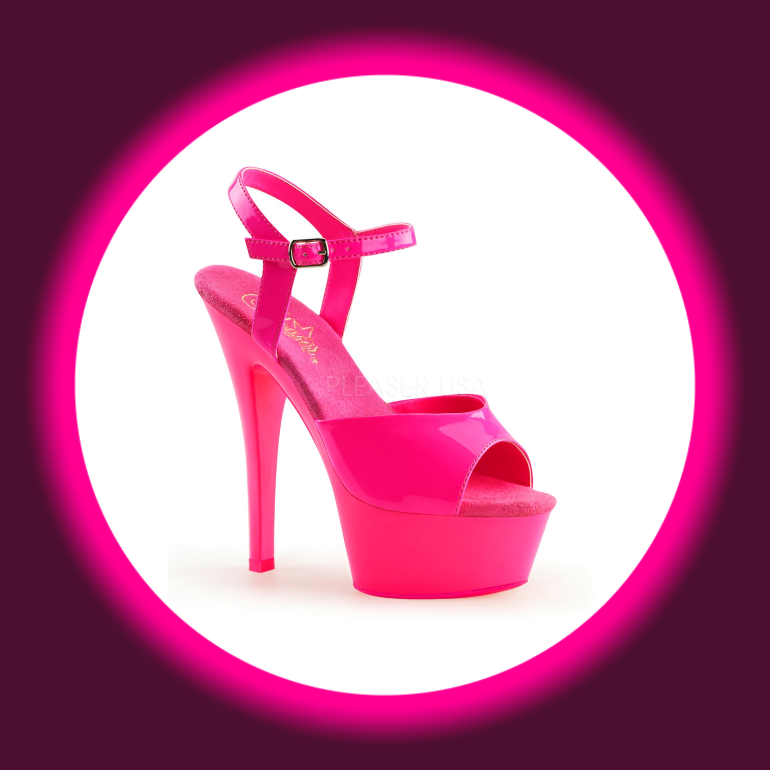 Winkelansicht neon pinke Plateau Sandale Pleaser Kiss 209 mit seitlichem Schnallenverschluss und hohem Absatz