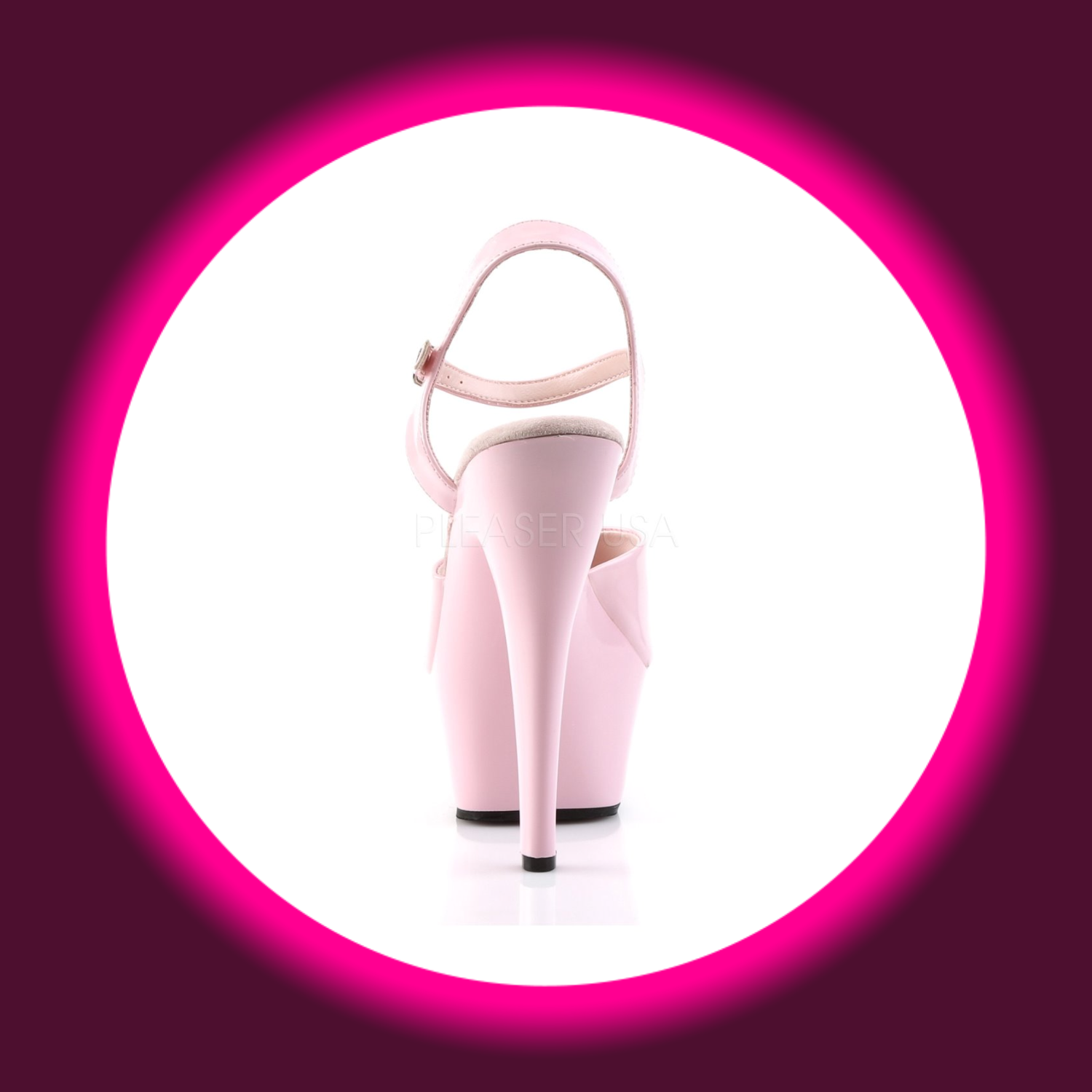 Rückansicht rosa Plateau Sandale Pleaser Kiss 209 mit seitlichem Schnallenverschluss und hohem Absatz