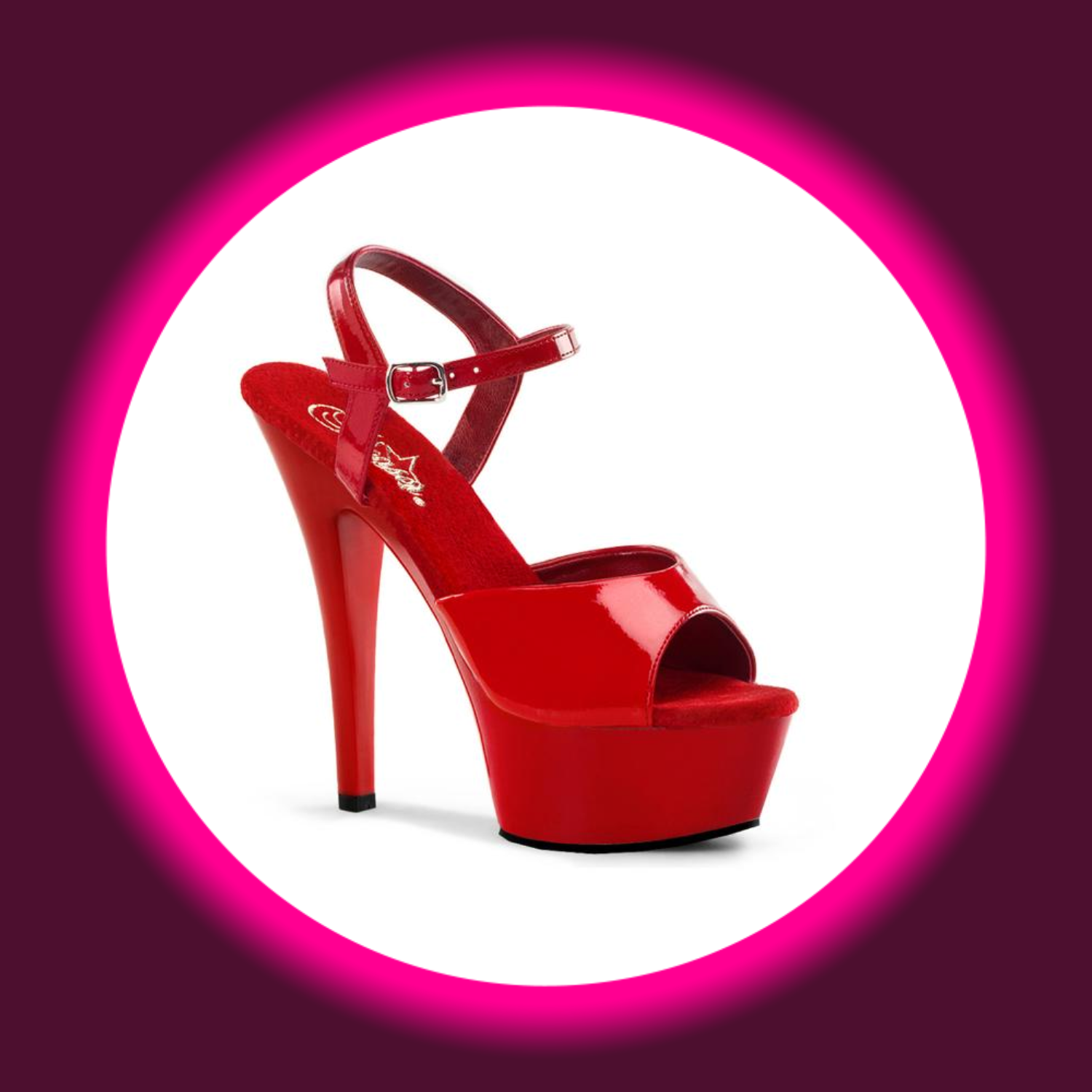 Winkelansicht rote Plateau Sandale Pleaser Kiss 209 mit seitlichem Schnallenverschluss und hohem Absatz