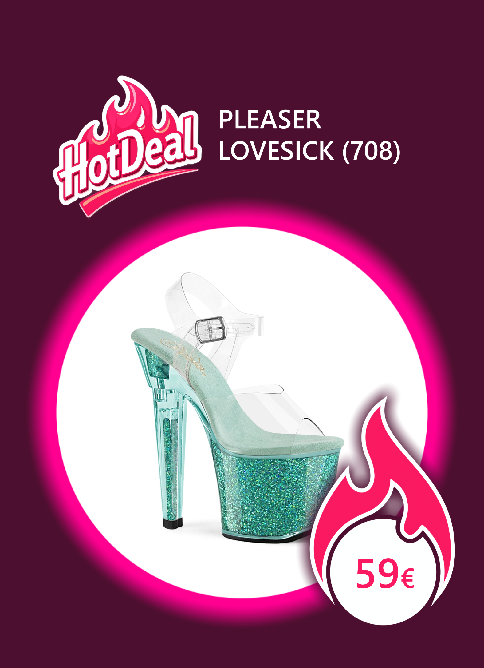 Winkelansicht auf eine glitzernde türkis farbene Sandalette bzw. High Heels mit transparenten Riemen, Pleaser Lovesick 708