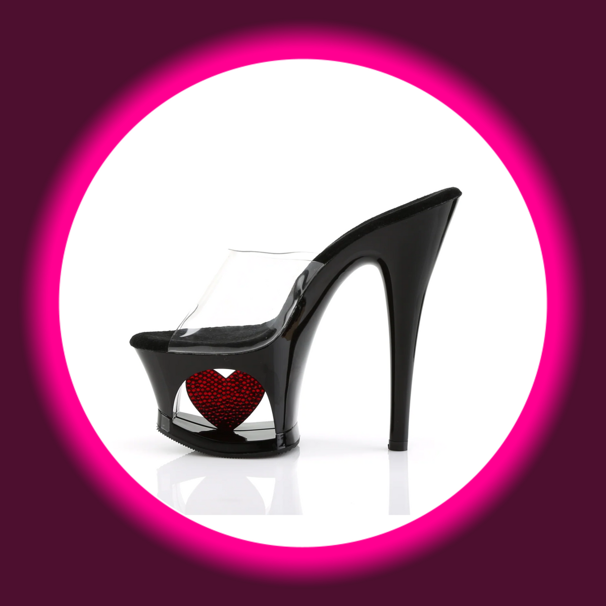 Pleaser Moon 701HRS Plateau-Pantolette in Schwarz, gegenüberliegende Seitenansicht mit rotem Strassherz im ausgeschnittenen Plateau und transparentem Riemen