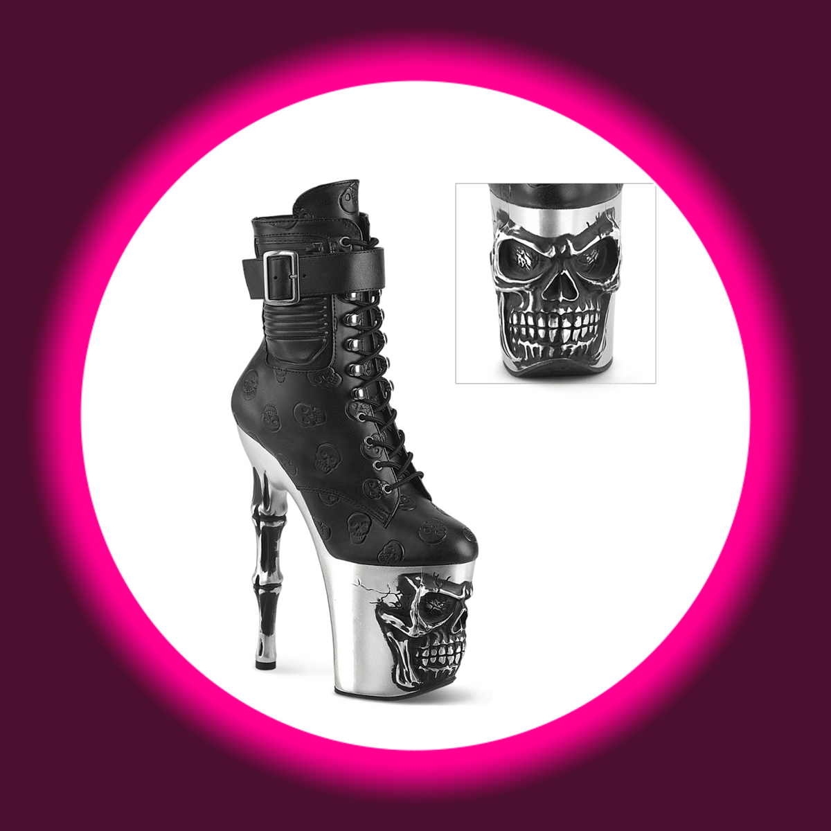 Winkelansicht schwarz Stiefelette Pleaser Rapture 1020 mit silbernem Absatz in Knochenoptik und Totenkopf am Plateau