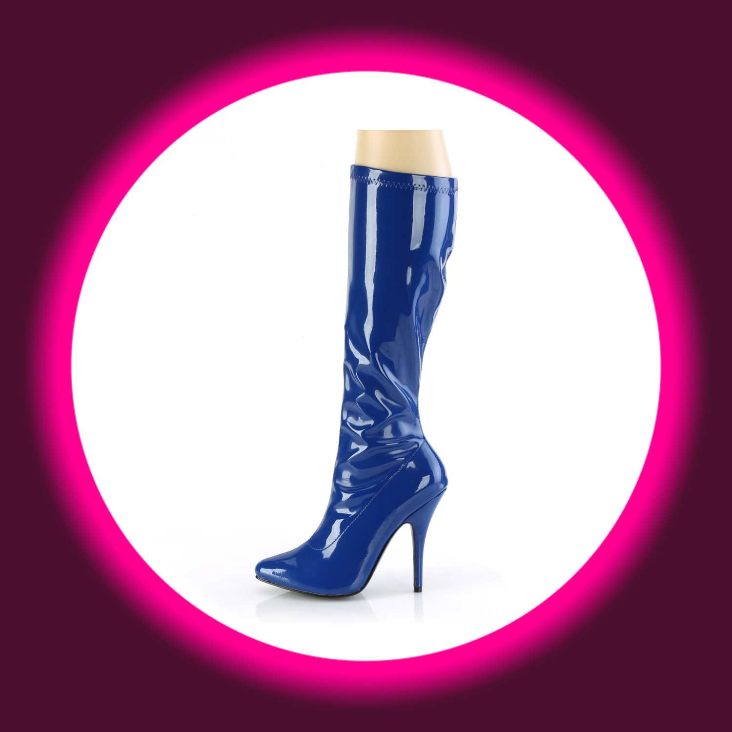 seitliche Ansicht blaue Lackstiefel Pleaser Seduce 2000 mit 13cm Stiletto
