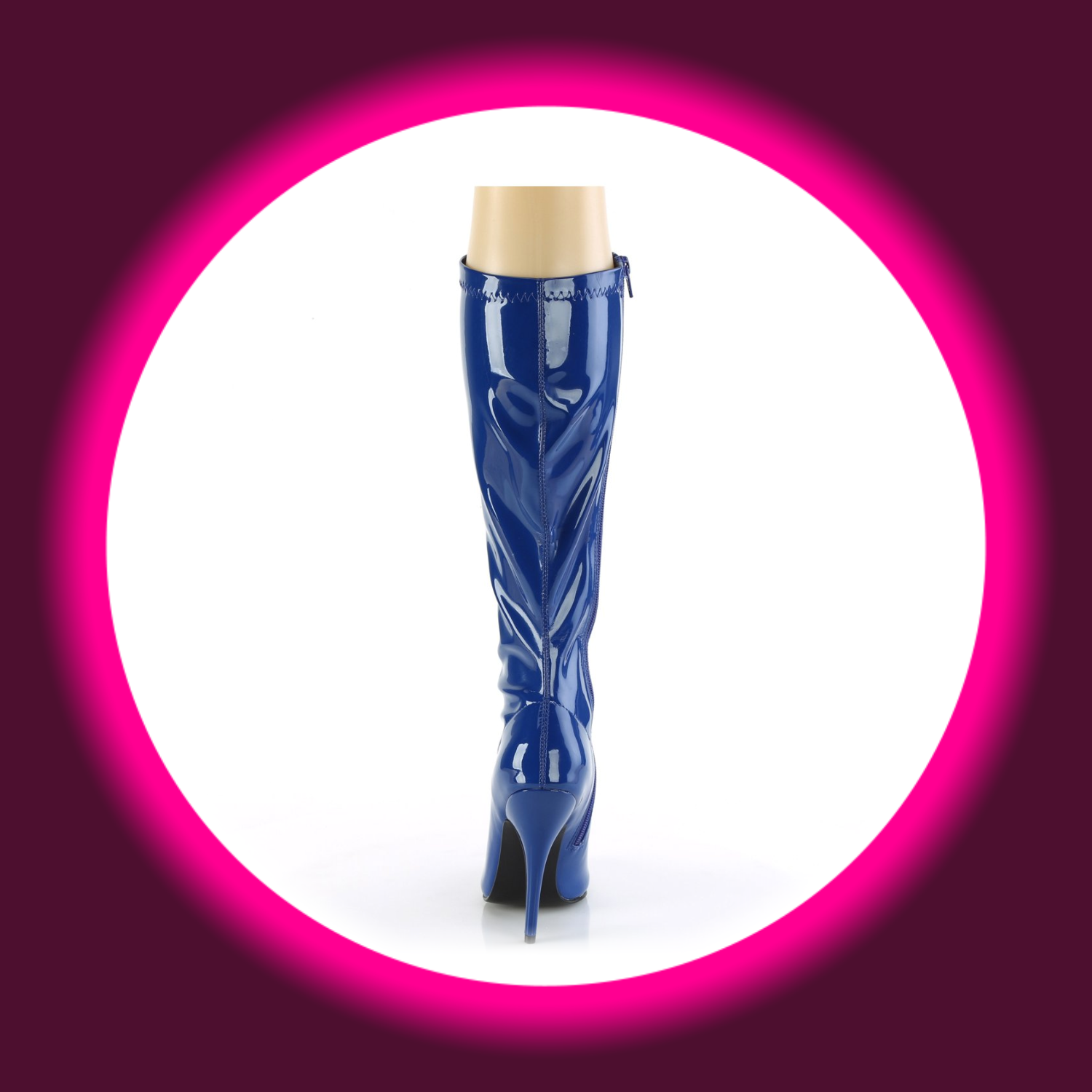 Rückansicht blaue Lackstiefel Pleaser Seduce 2000 mit 13cm Stiletto