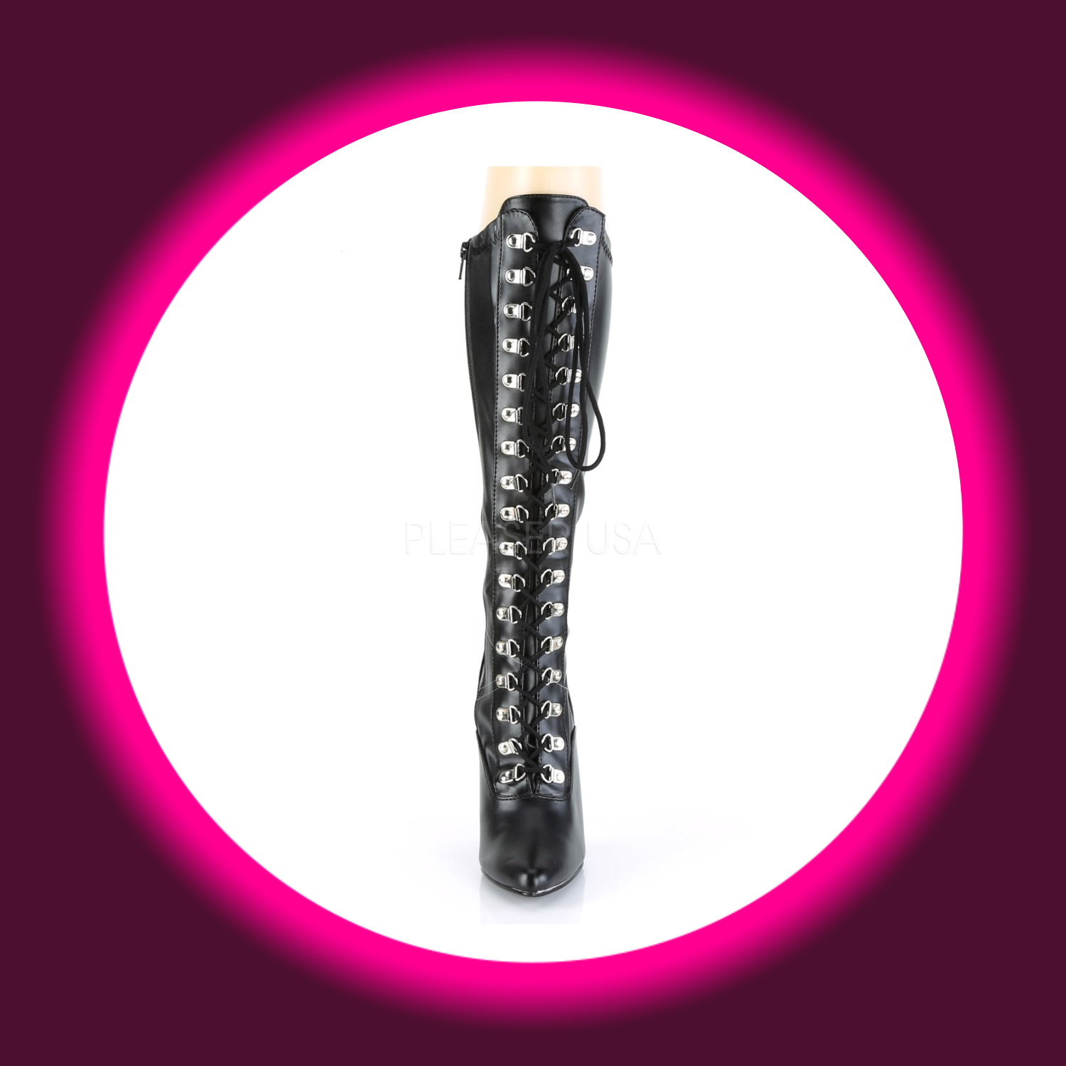 Frontansicht schwarze Stiefel Pleaser Seduce 2024 mit Ösenschnürung