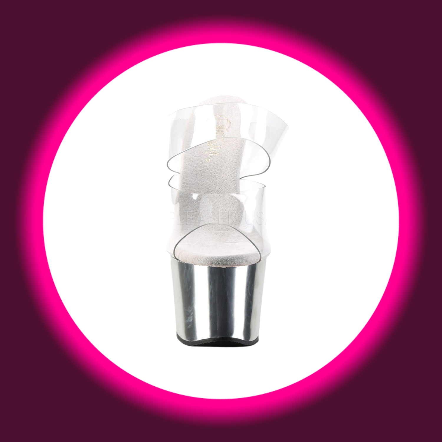 Frontansicht Plateau-Pantolette in chrom mit hohem Plateau und transparenten Riemen, Pleaser Sky 302