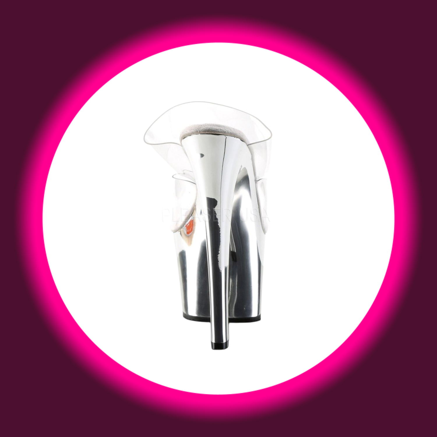 Rückansicht Plateau-Pantolette in chrom mit hohem Absatz und transparenten Riemen, Pleaser Sky 302