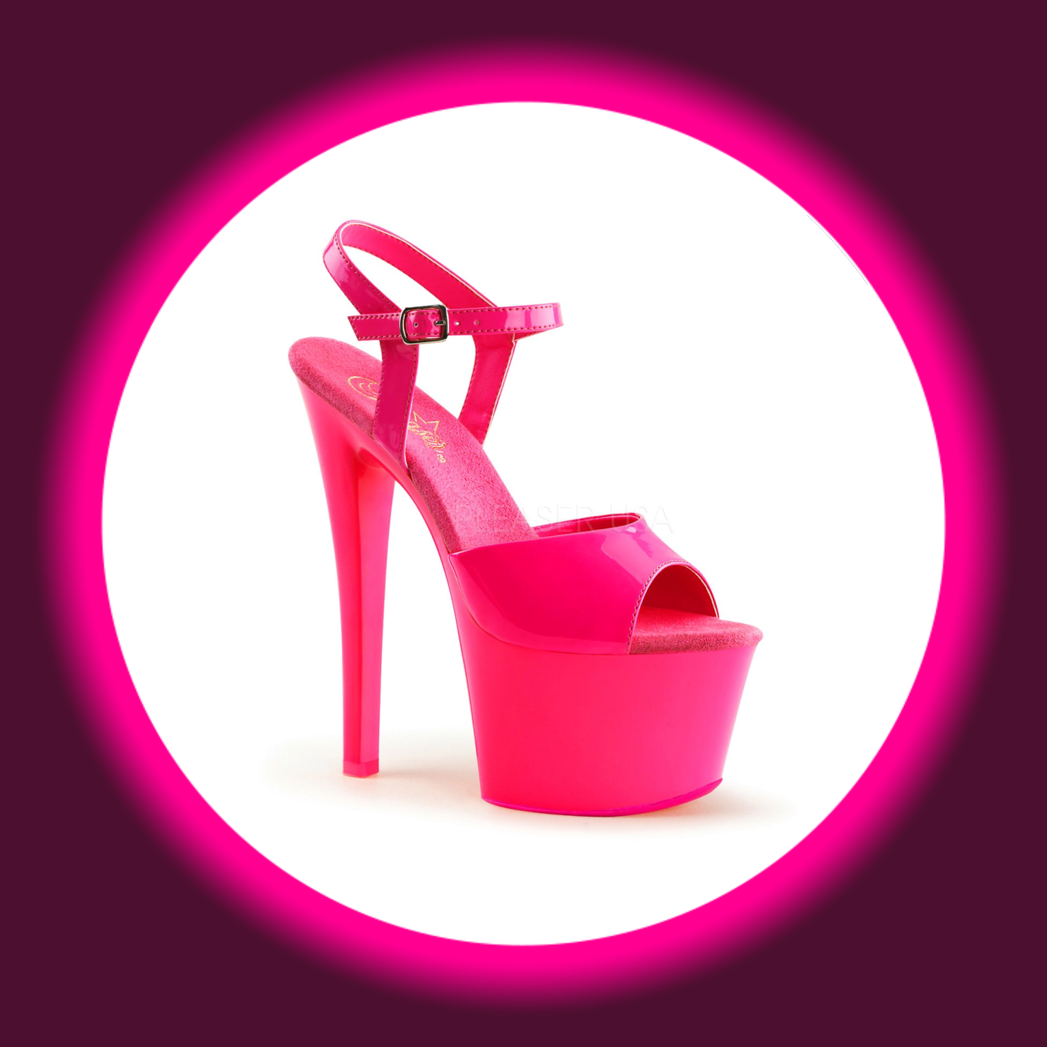 Winkelansicht pinke Plateau-Sandale mit hohem Absatz, Pleaser Sky 309