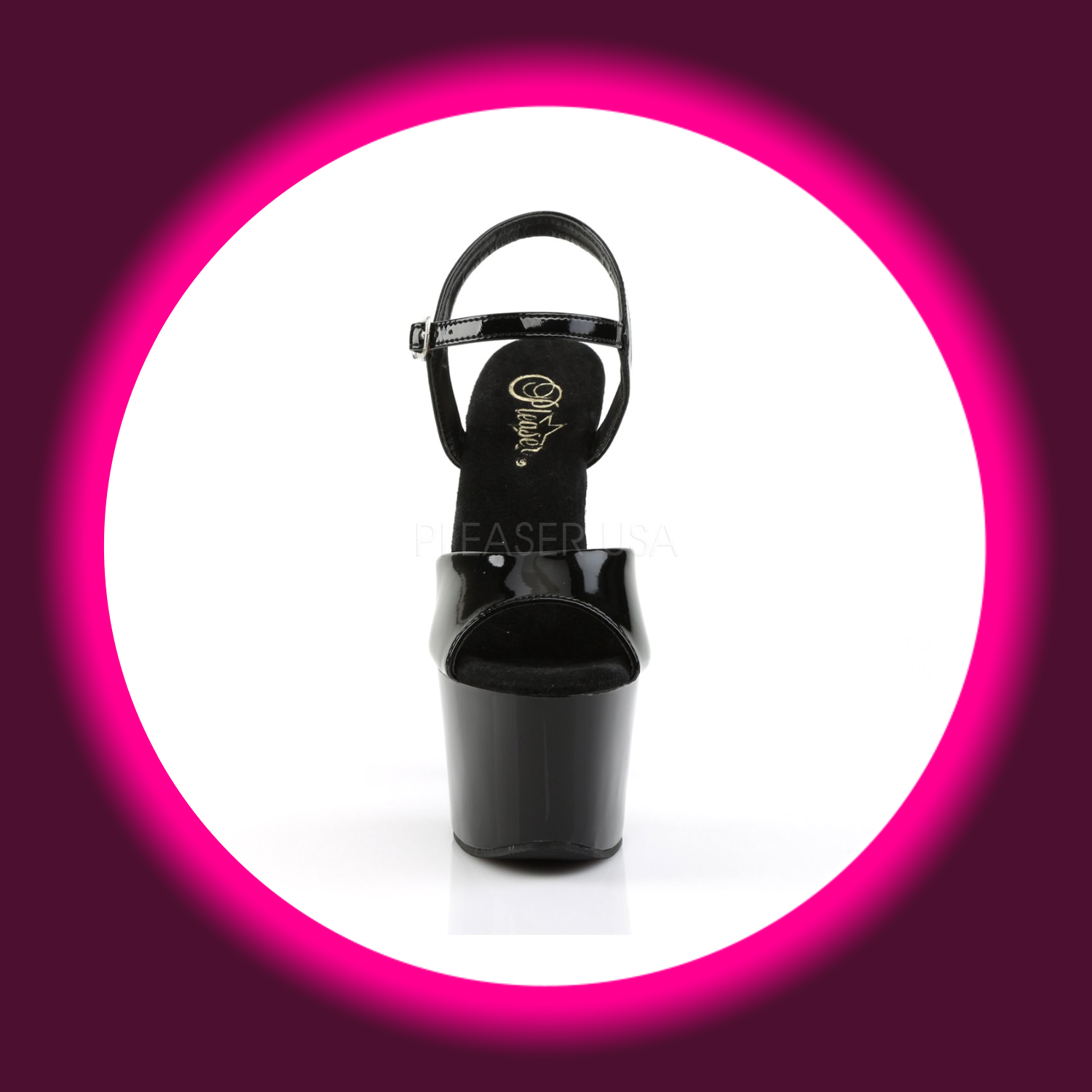 Frontansicht schwarze Plateau-Sandale mit hohem Plateau, Pleaser Sky 309