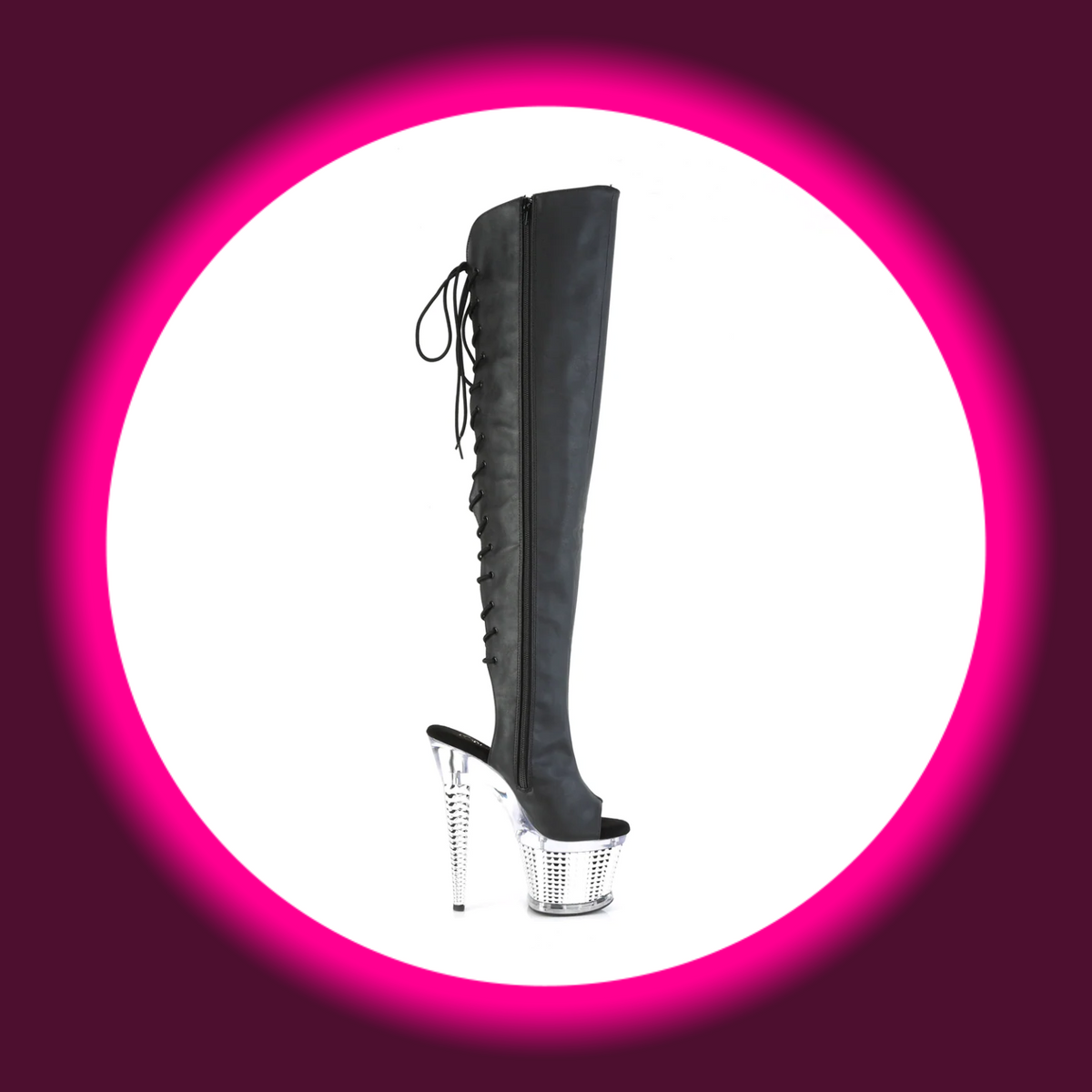 Pleaser Spectator 3019 Overknee-Stiefel in Schwarz, innere Seitenansicht mit langem Reißverschluss, offener Ferse und transparentem, strukturiertem Plateau und Absatz