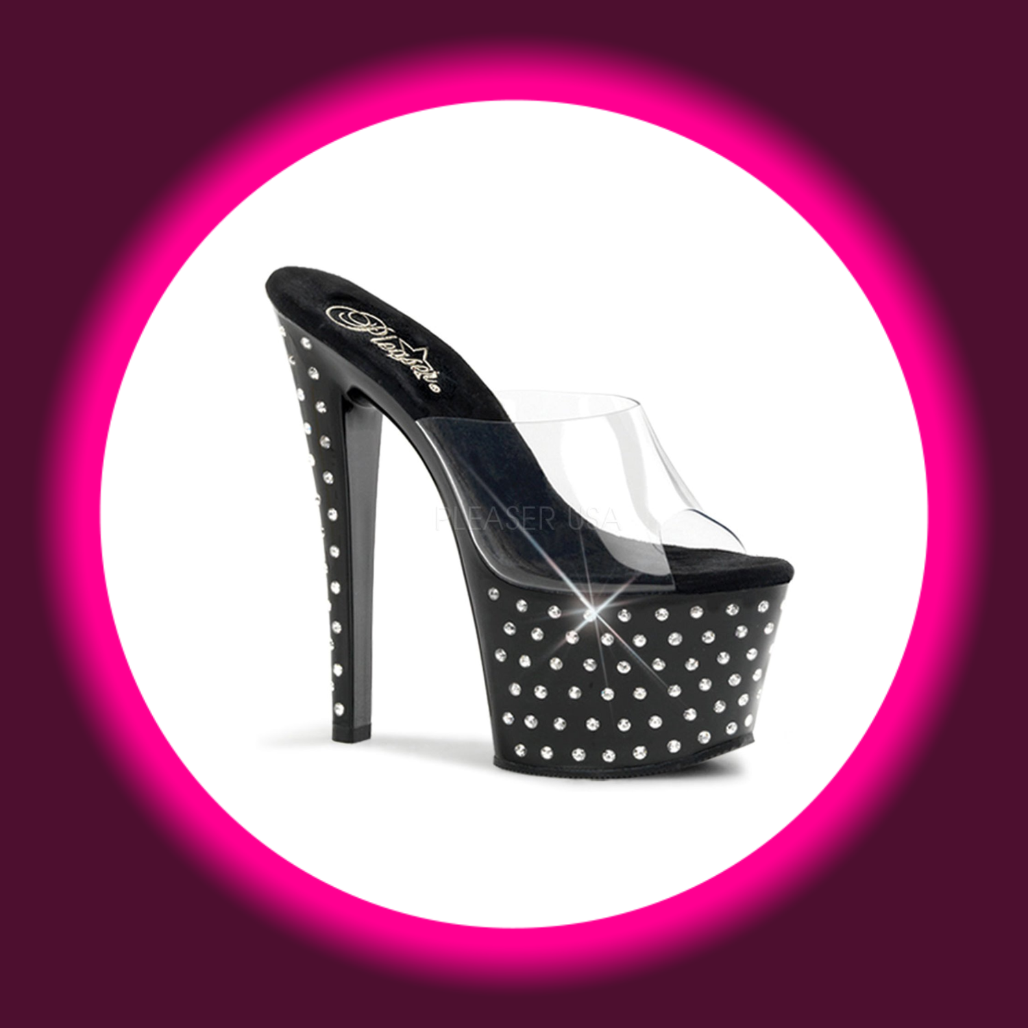 Winkelansicht schwarze, mit Straßsteinen besetzte Plateau-Pantolette mit hohem Absatz, Pleaser Stardust 701