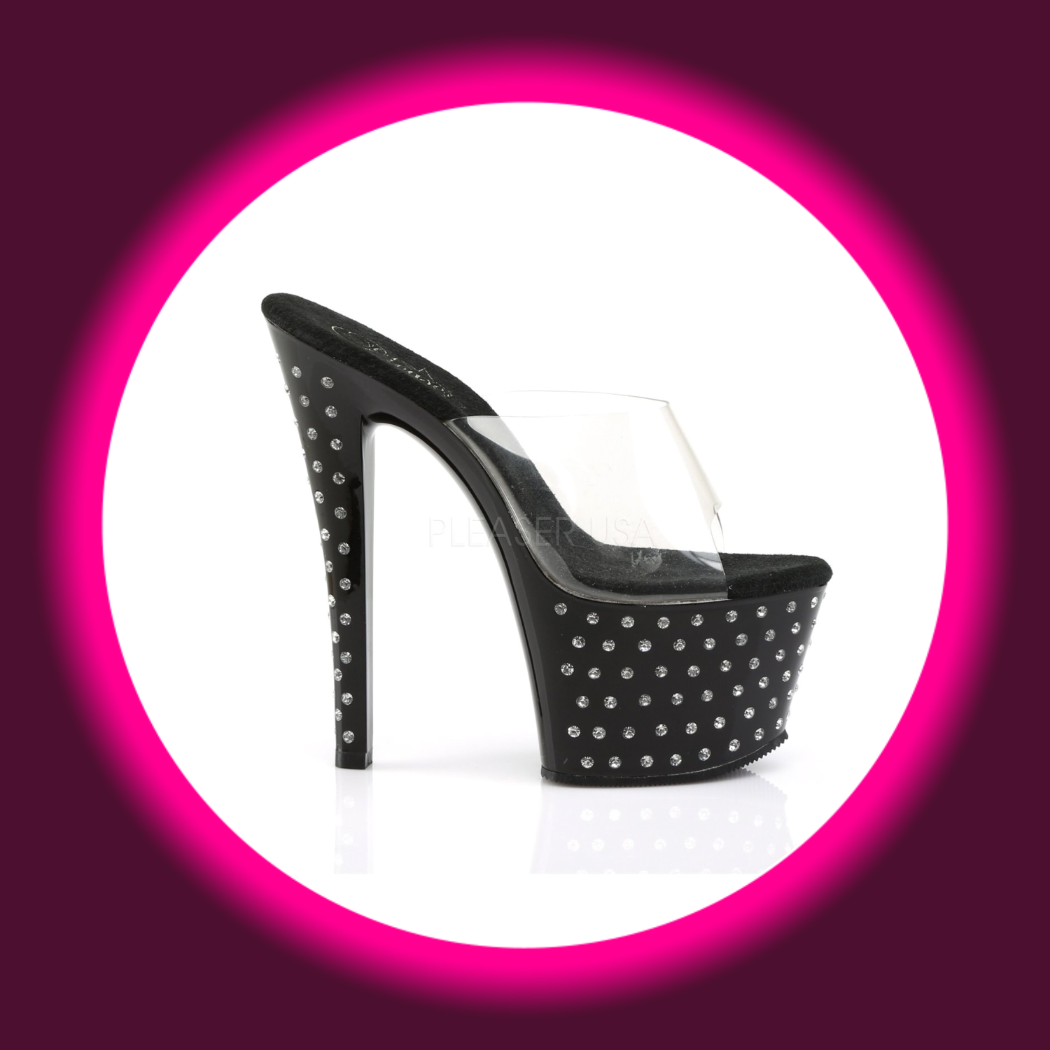 seitliche Ansicht schwarze, mit Straßsteinen besetzte Plateau-Pantolette mit hohem Absatz, Pleaser Stardust 701