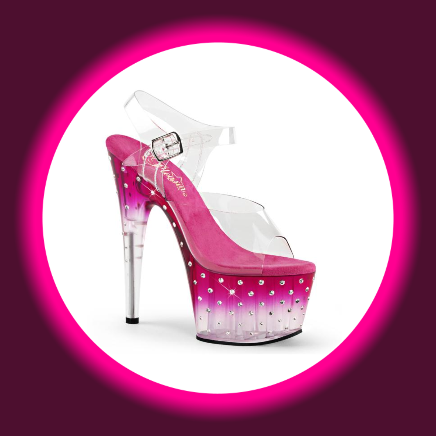 Winkelansicht pinke, mit Straßsteinen besetzte Plateau-Sandale mit hohem Absatz, Pleaser Stardust 708