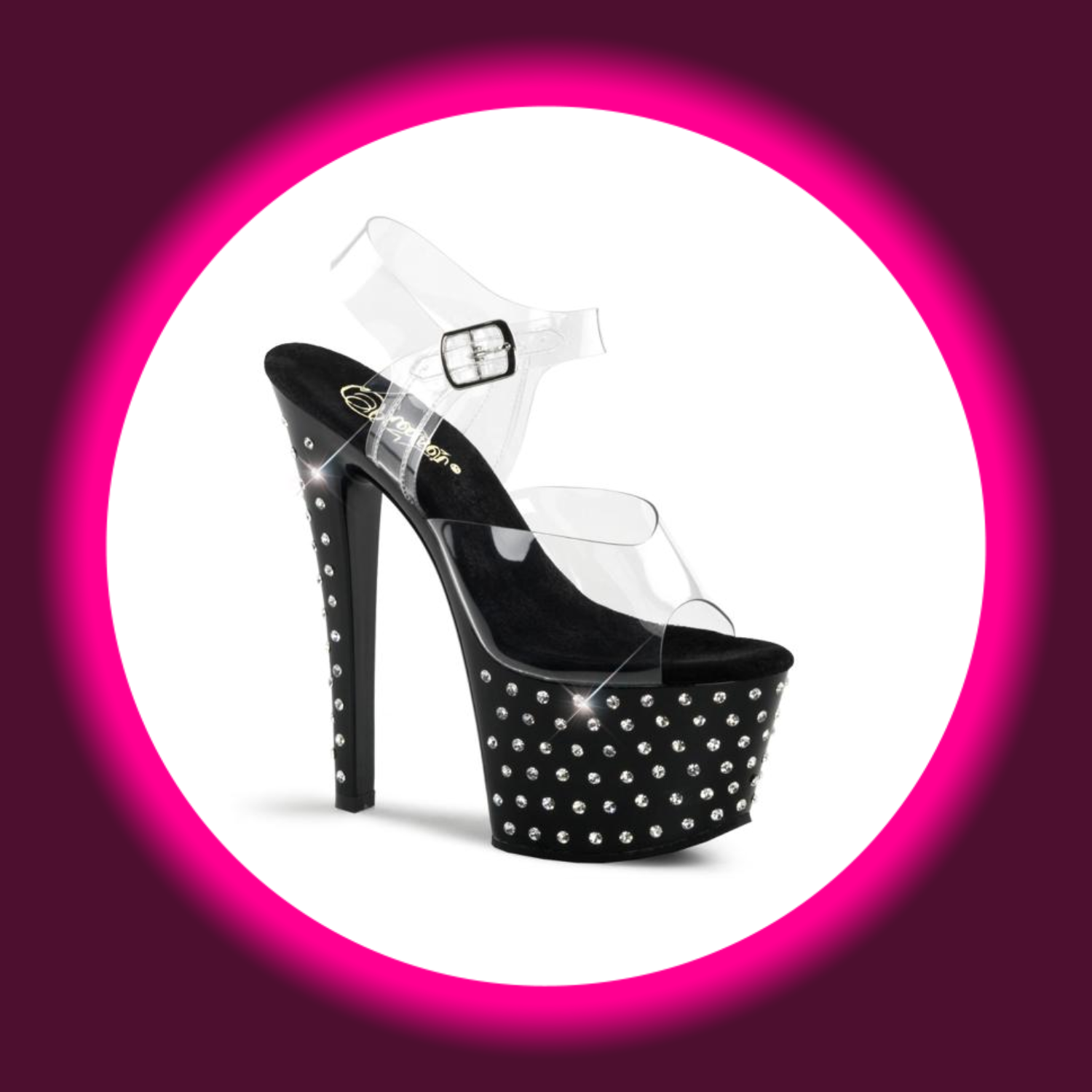 Winkelansicht schwarze, mit Straßsteinen besetzte Plateau-Sandale mit hohem Absatz, Pleaser Stardust 708