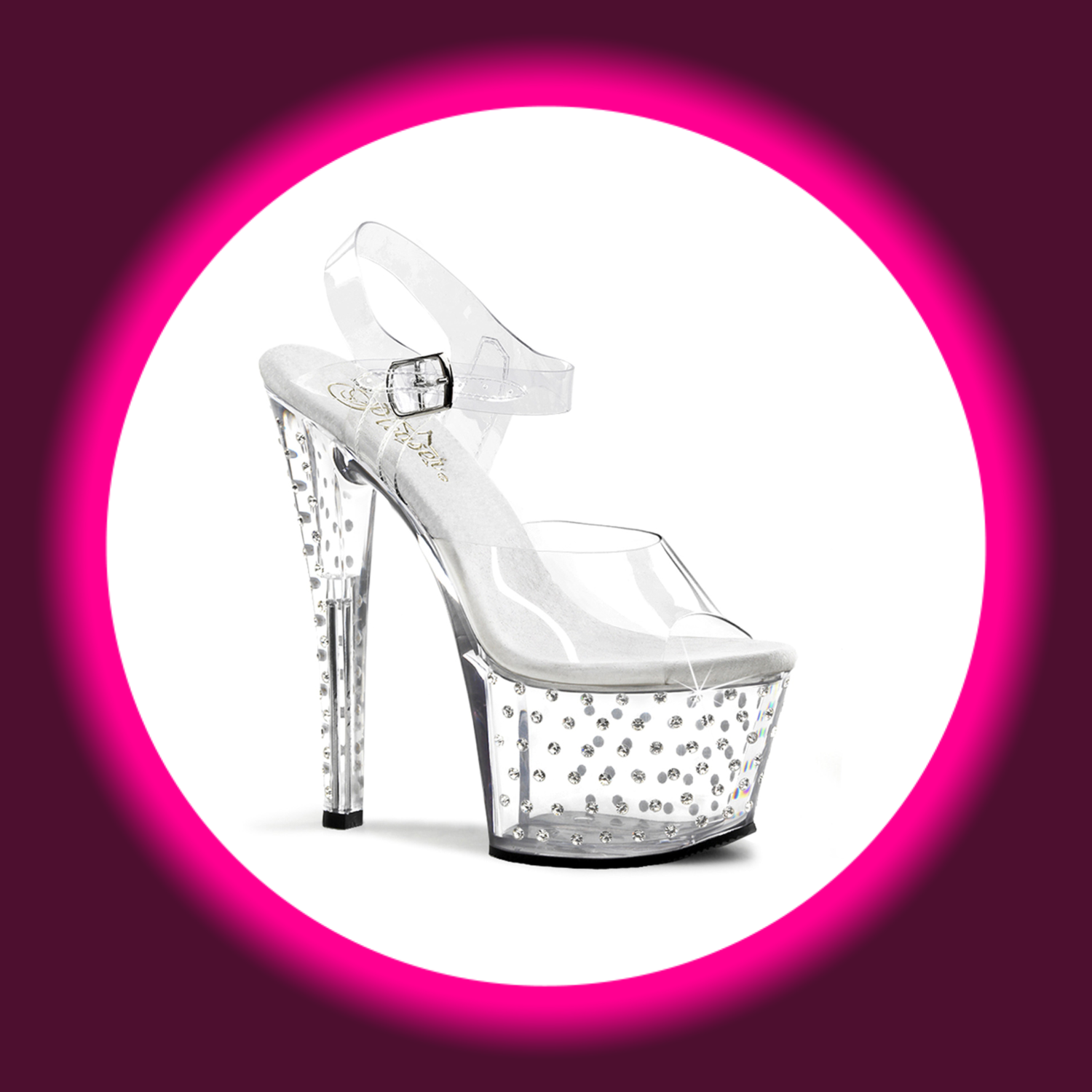 Winkelansicht transparente, mit Straßsteinen besetzte Plateau-Sandale mit hohem Absatz, Pleaser Stardust 708