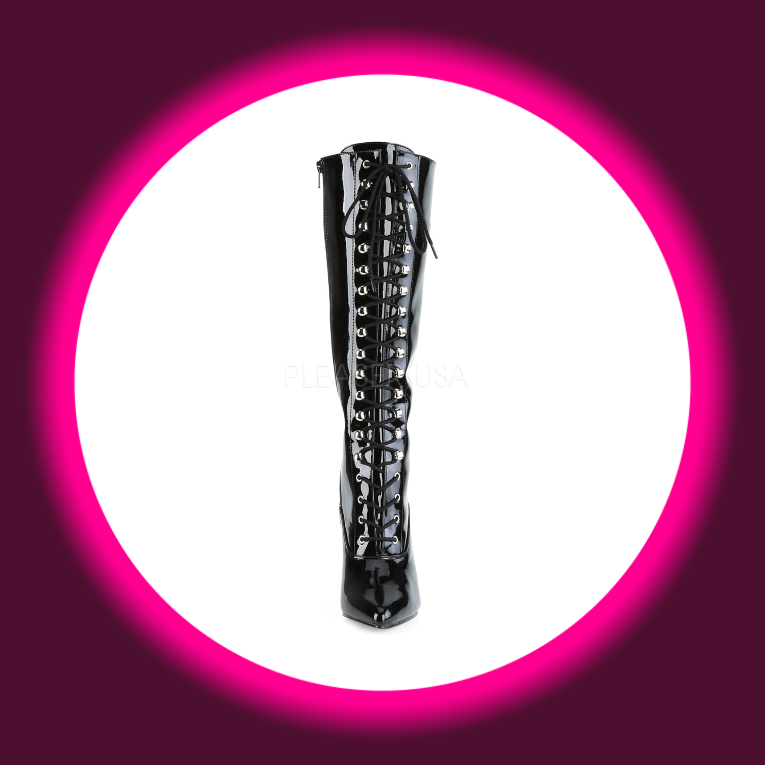 Frontansicht schwarze Lackstiefel Pleaser Vanity 2000 mit durchgängiger Frontschnürung