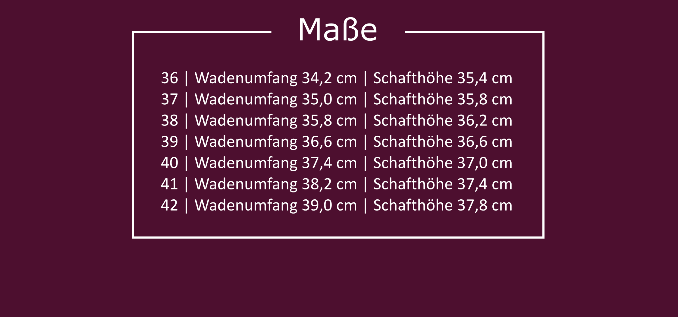 Tabelle mit den Maßen der Stiefel Pleaser Vanity 2000