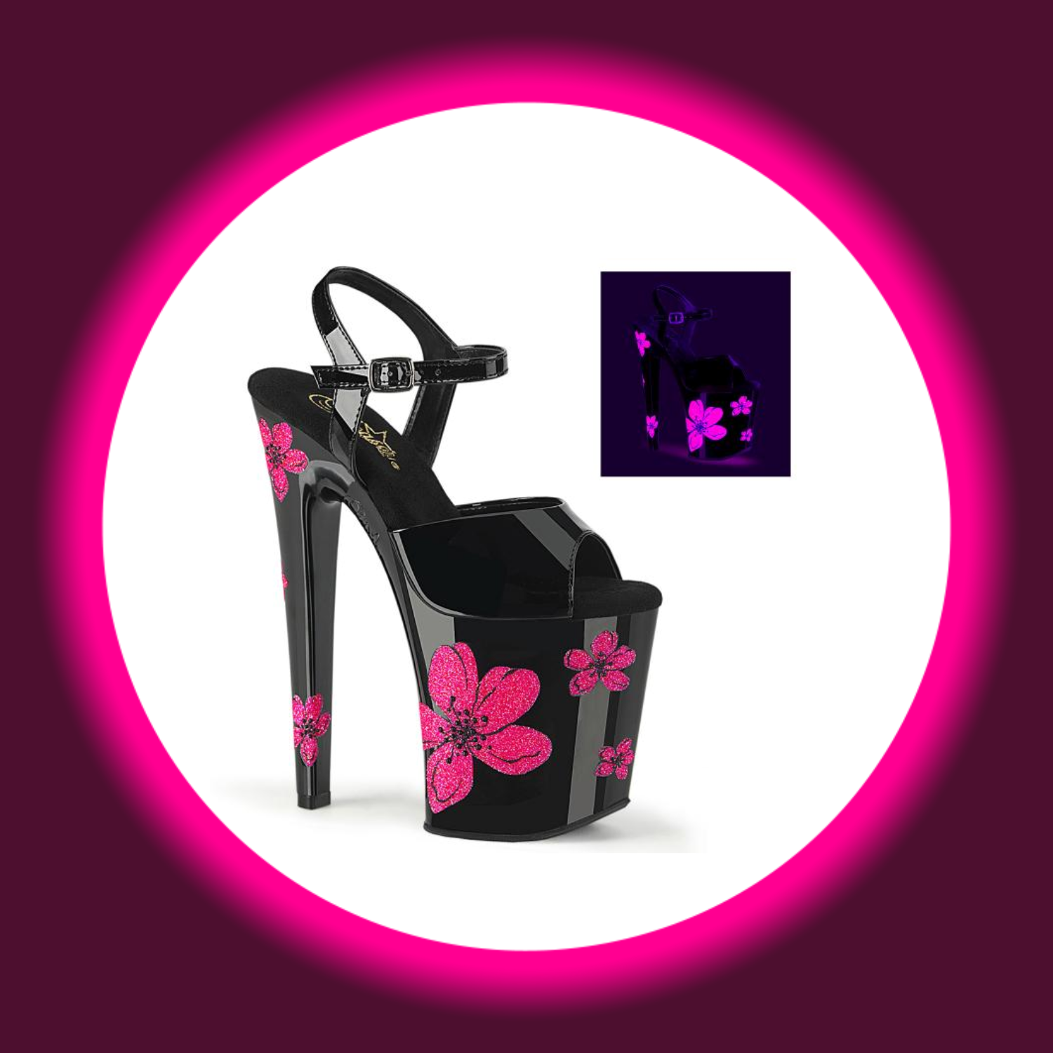 Winkelansicht schwarze High Heels Pleaser Xtreme 809 mit pinken Hibiskus-Blüten und hohem Absatz