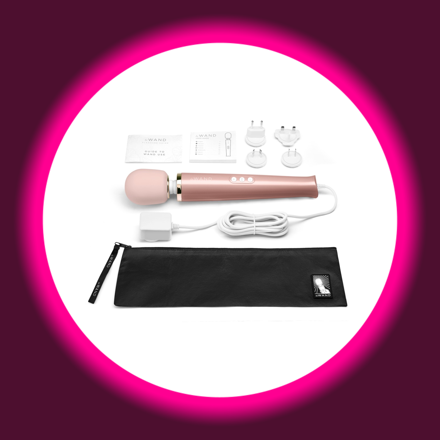 rosa Massagestab Wand Vibrator von Le Wand mit Netzkabel, Adaptern und Aufbewahrungsbeutel