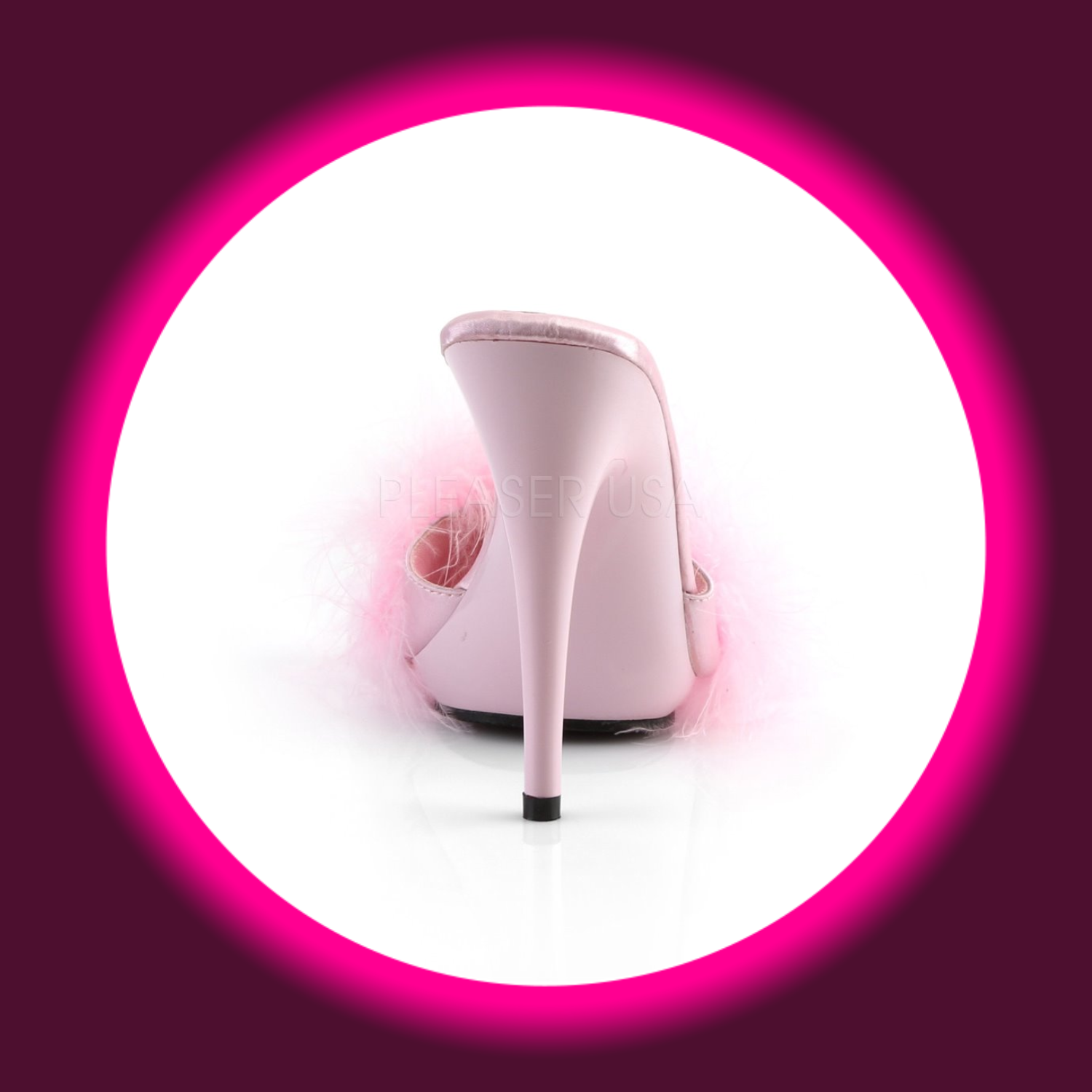Rückansicht rosa Pantolette mit hohem Absatz und Federn am Riemen, Fabulicious Poise 501