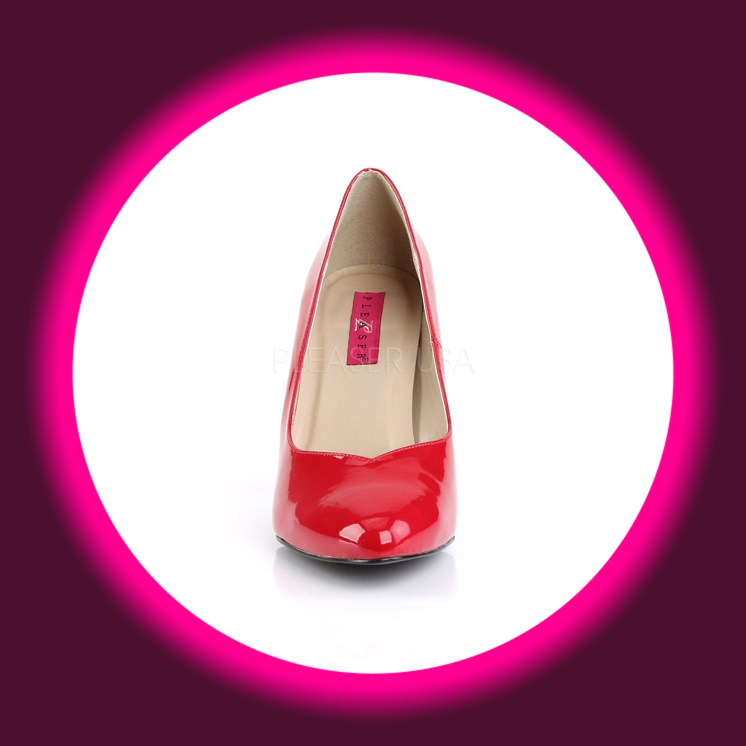 Frontansicht rote spitze Pumps mit heller Innensohle, Pleaser Dream 420