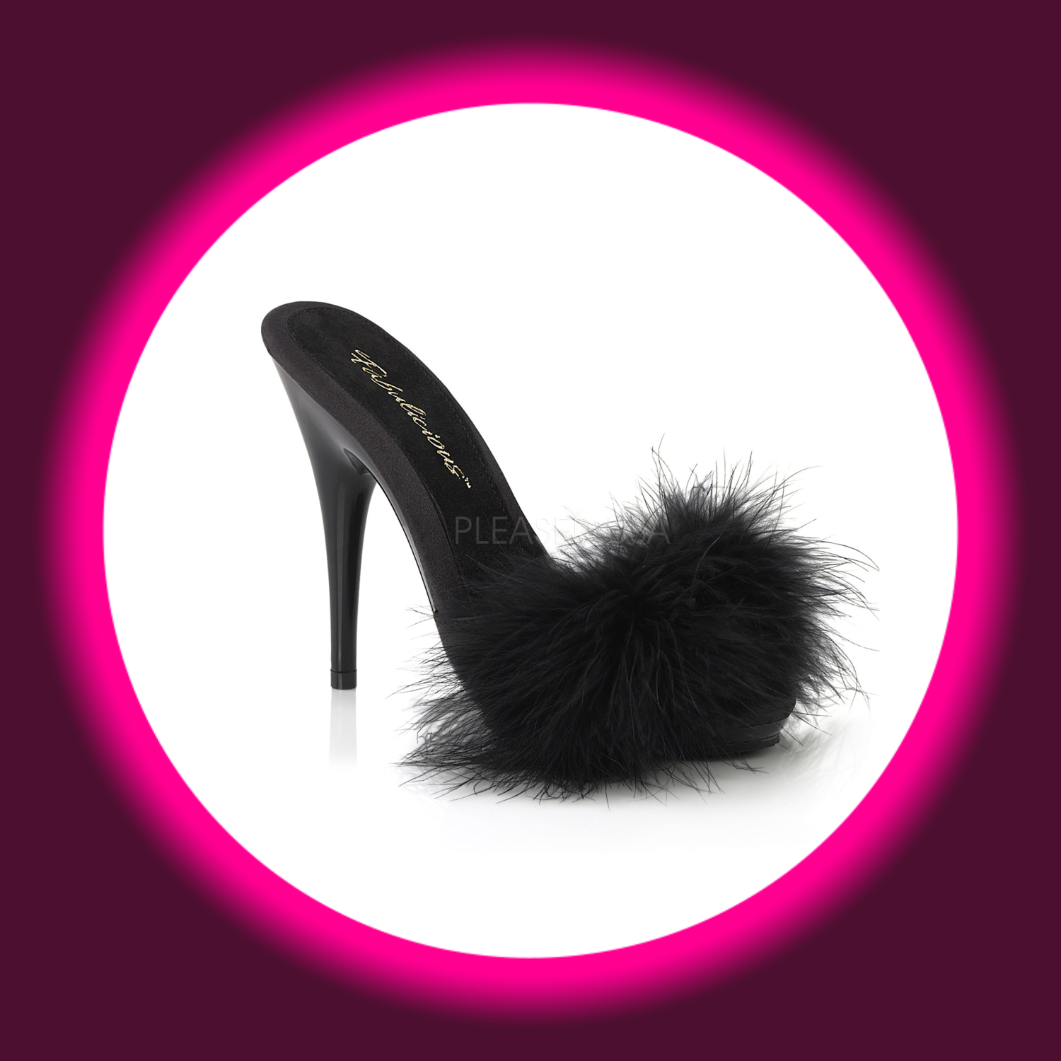 Winkelansicht schwarze Pantolette mit hohem Absatz und Federn am Riemen, Fabulicious Poise 501