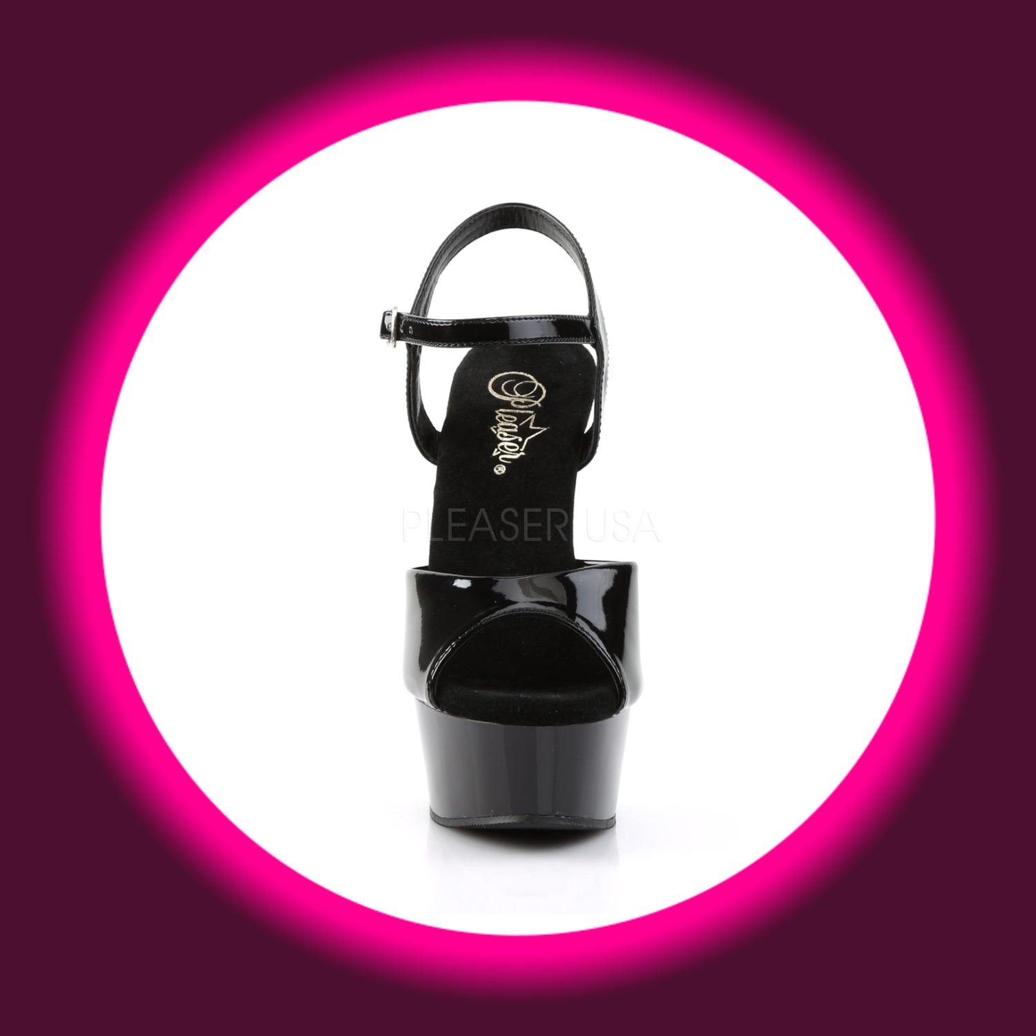 Frontansicht schwarze Plateausandale mit schwarzen Riemen, Pleaser Delight 609