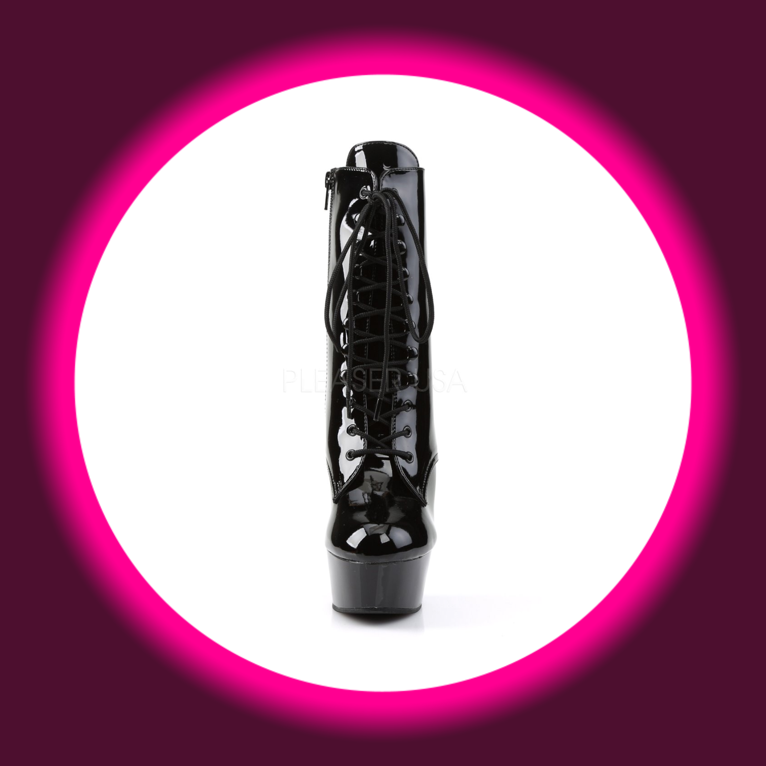 Frontansicht schwarze Plateau-Stiefel mit Frontschnürung, Pleaser Delight 1020