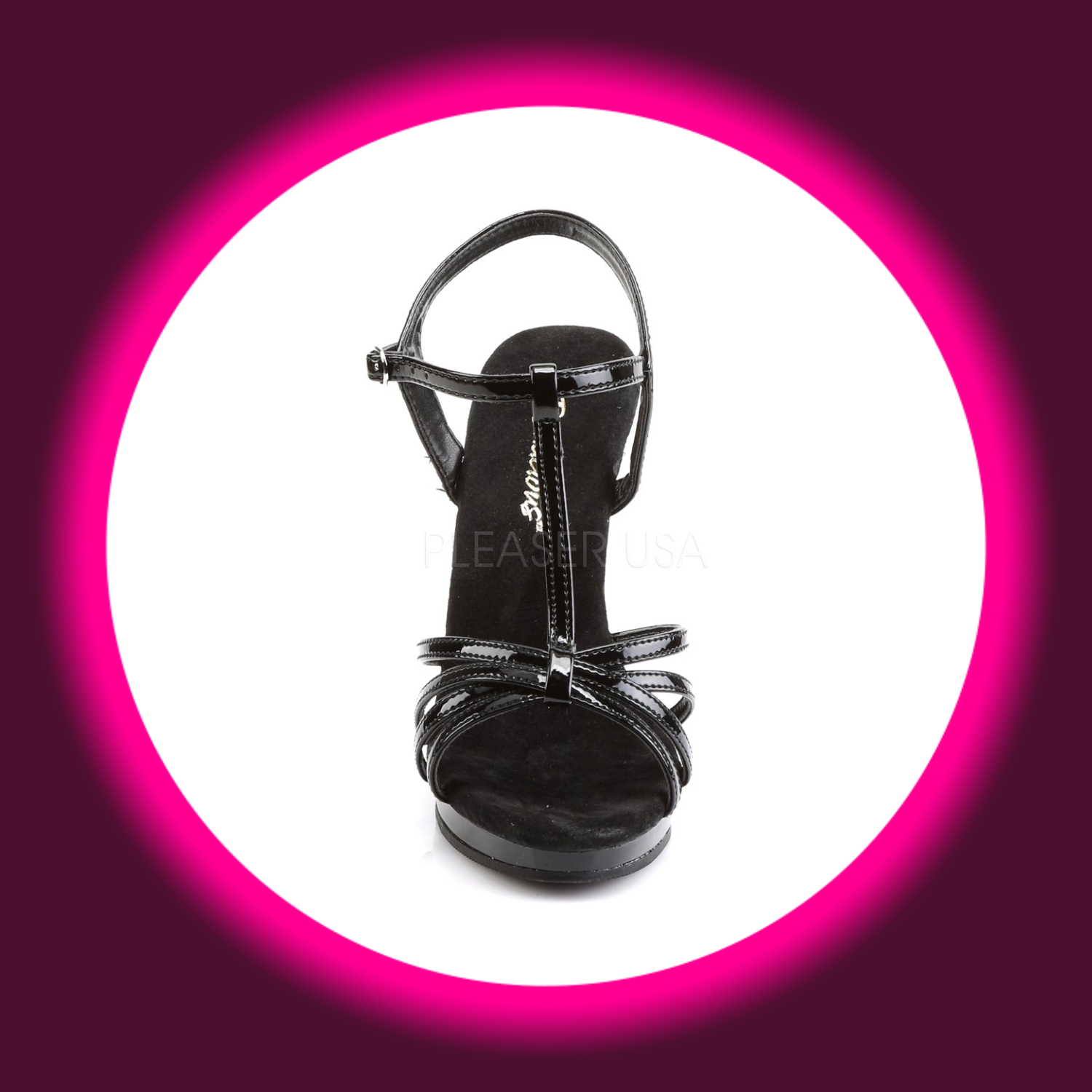 Frontansicht auf eine schwarze Sandalette mit schmalen T-Riemchen