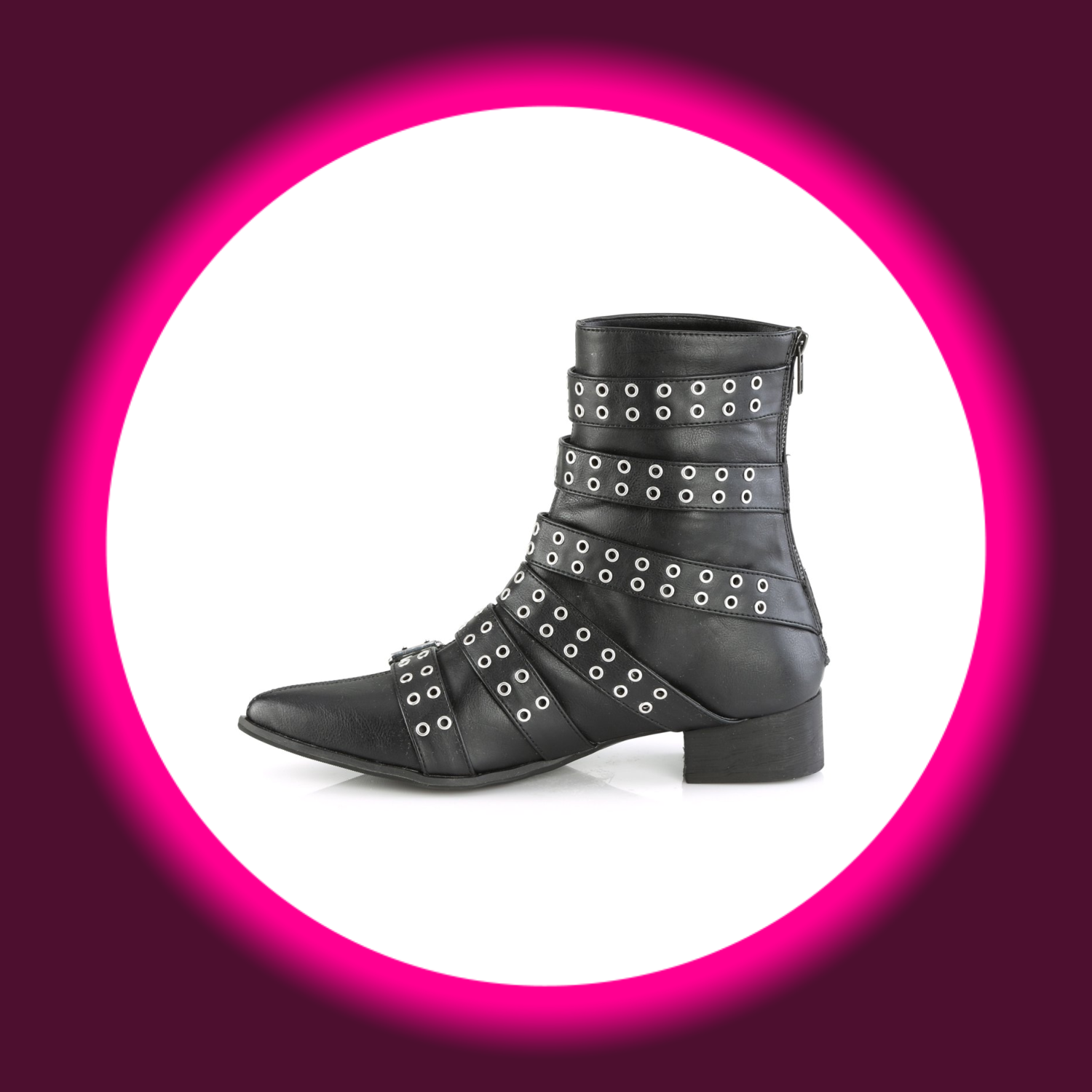 seitliche Ansicht Stiefelette für Herren, schwarz, mit 6 Riemen und Nieten, Demoniacult Warlock 70