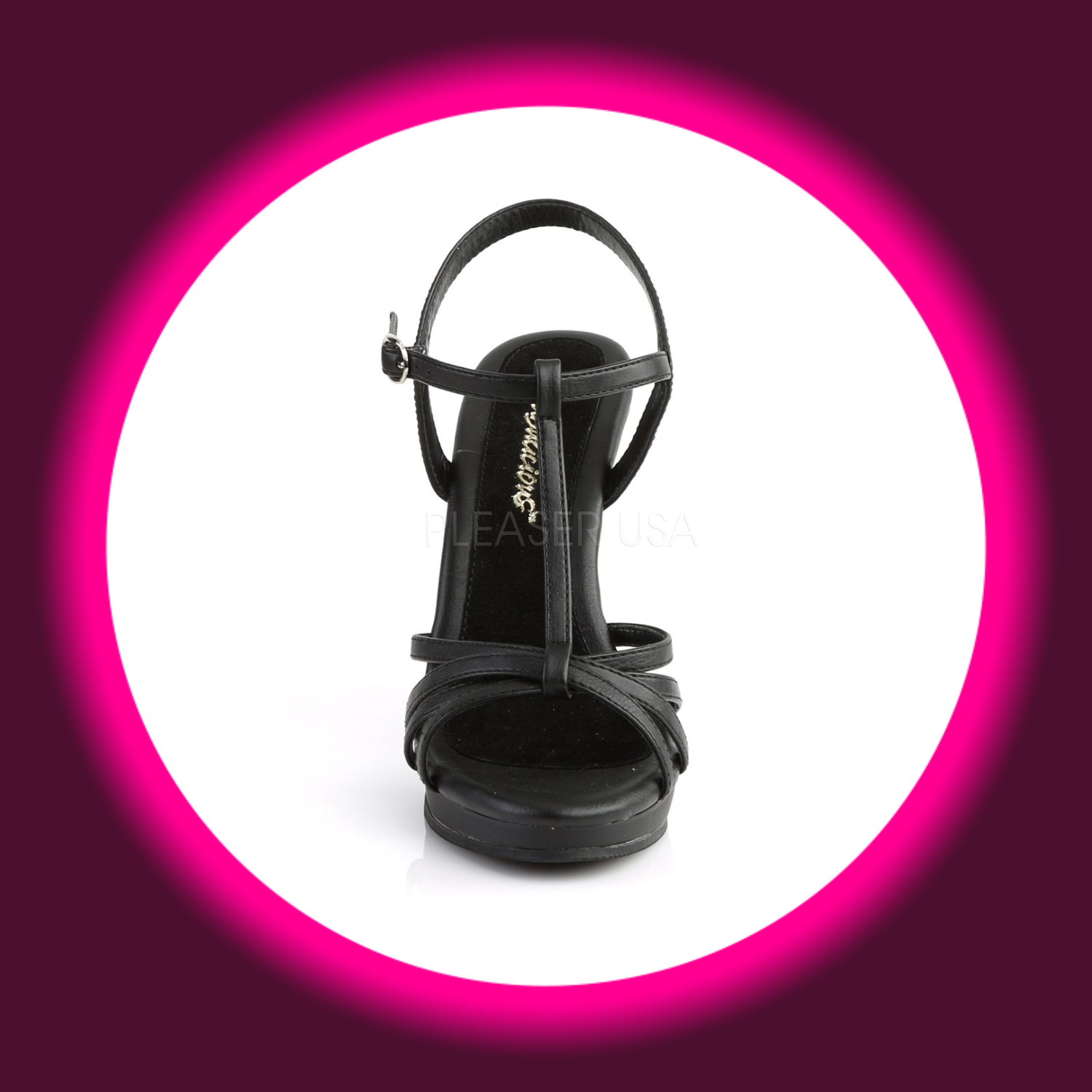Frontansicht auf eine matte schwarze Sandalette mit schmalen T-Riemchen