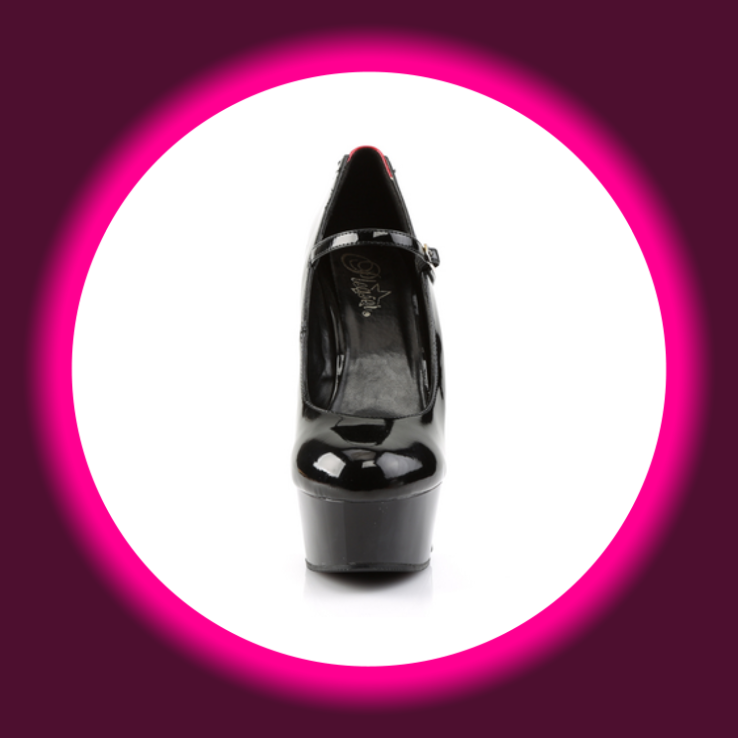 Frontansicht schwarze Plateaupumps mit schwarzer Innensohle und Riemen, Pleaser Delight 687