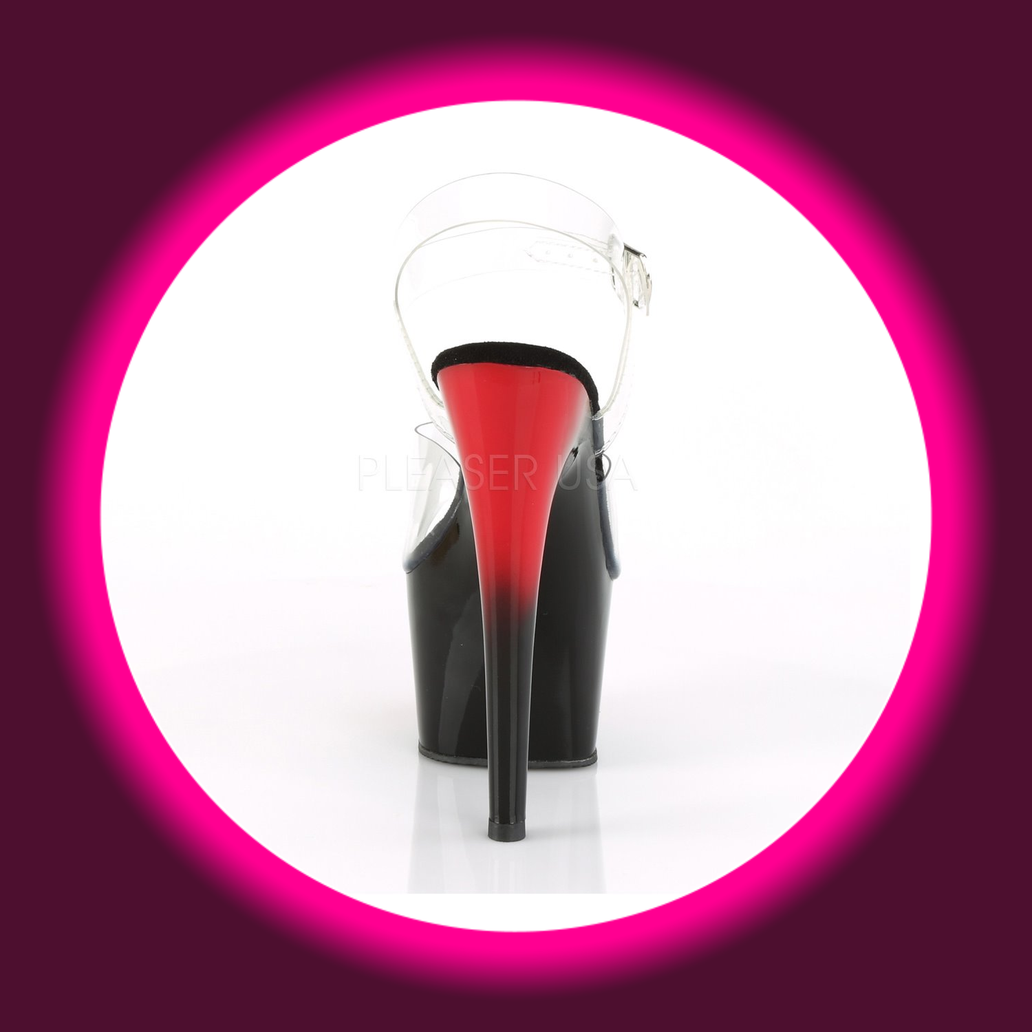 Rückansicht schwarz rote Plateausandale mit transparenten Riemen und hohem Absatz, Pleaser Adore 708