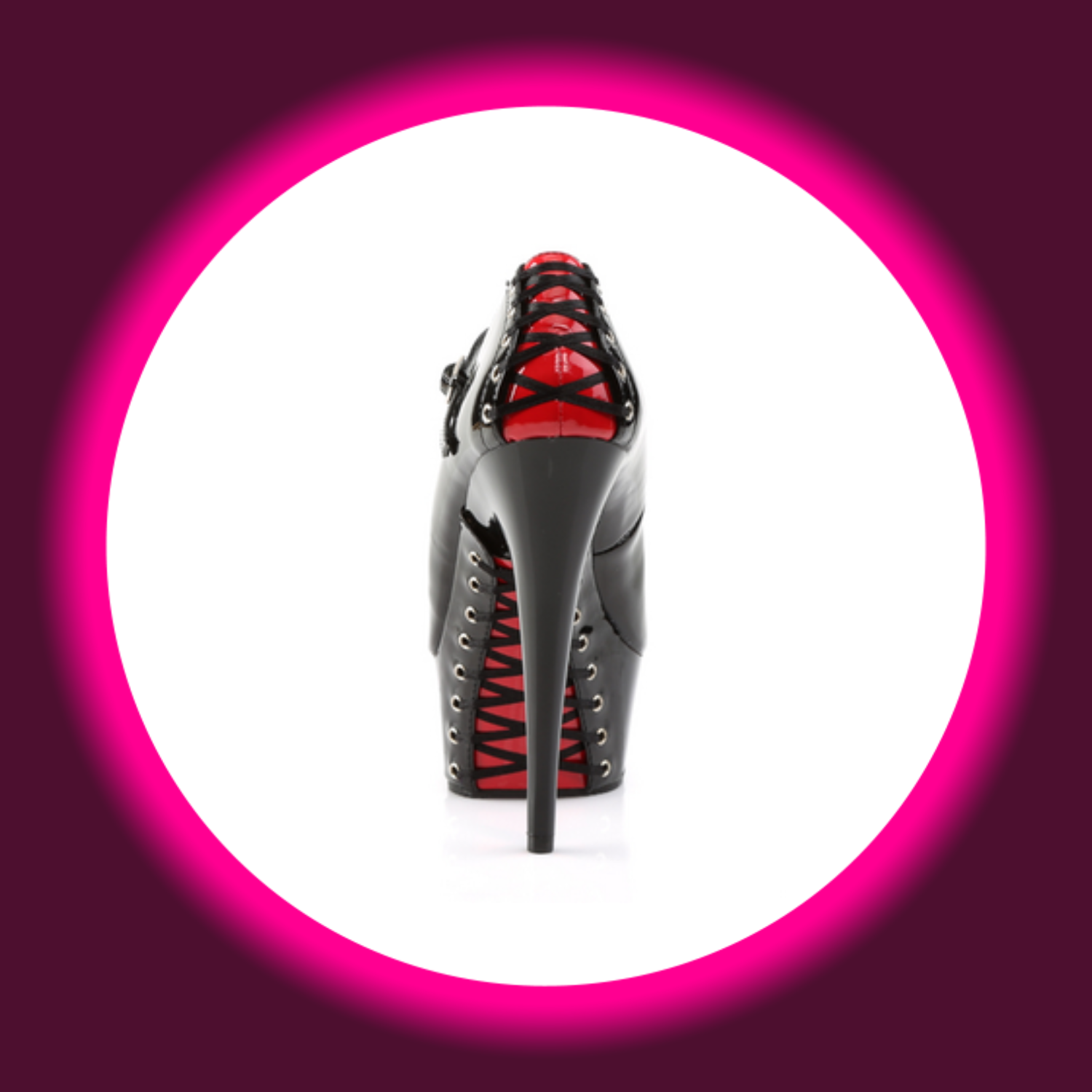 Rückansicht schwarze Plateaupumps mit rot hinterlegter Korsettschnürung und Stiletto, Pleaser Delight 687