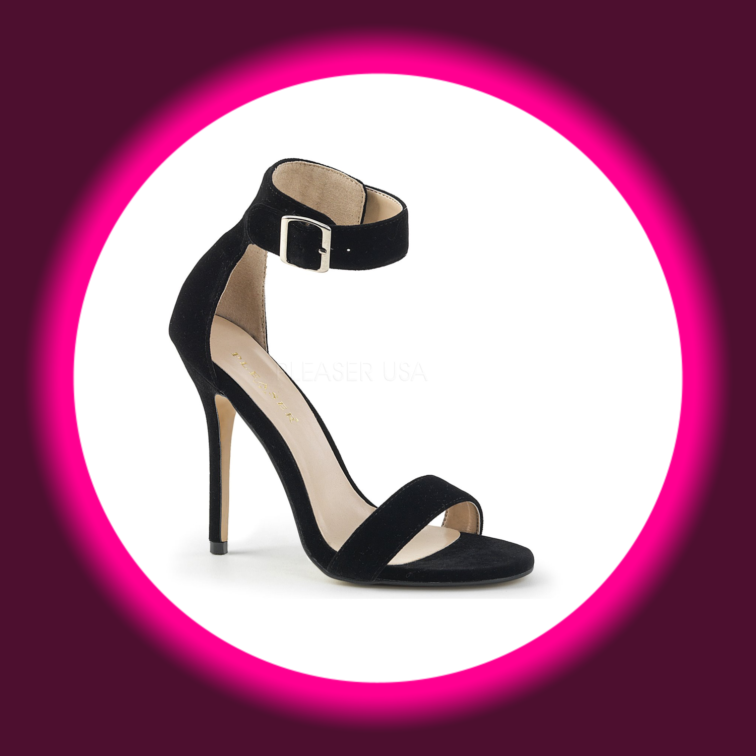 Winkelansicht schwarze Sandalette mit Fesselriemchen und hohem Absatz, Samtoberfläche, Pleaser Amuse 10