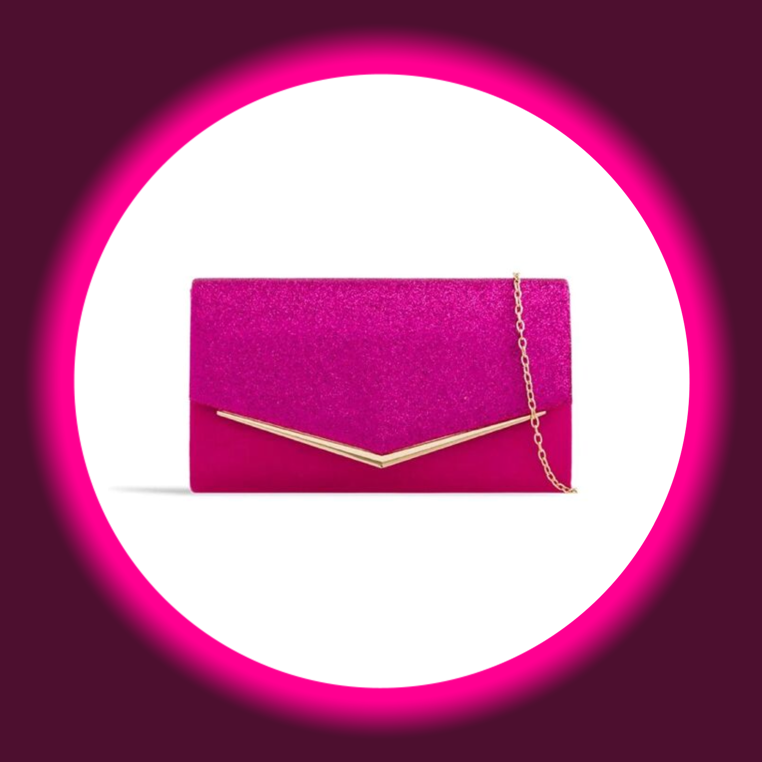 pinke Clutch mit goldenem Rand und goldener Kette, Aftershock London