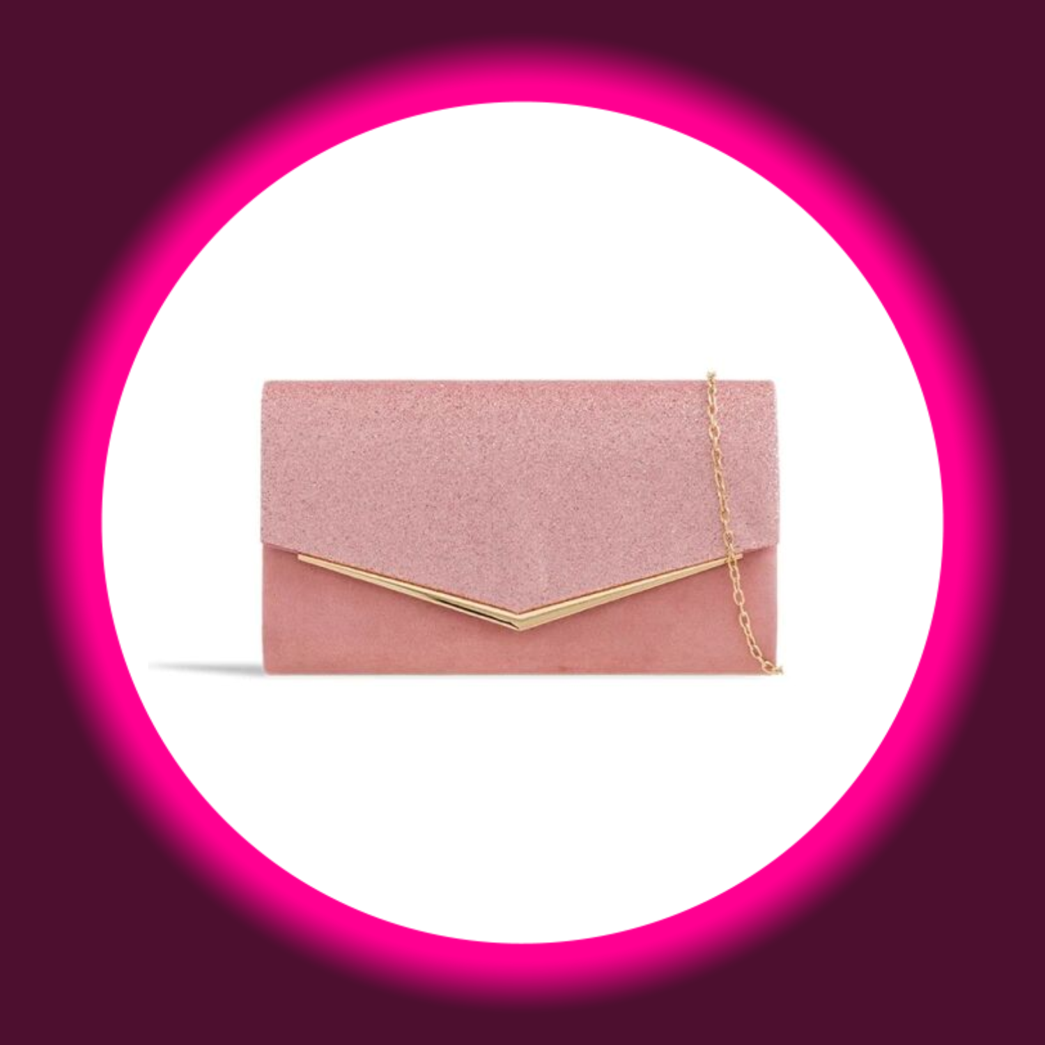rosa Clutch mit goldenem Rand und goldener Kette, Aftershock London