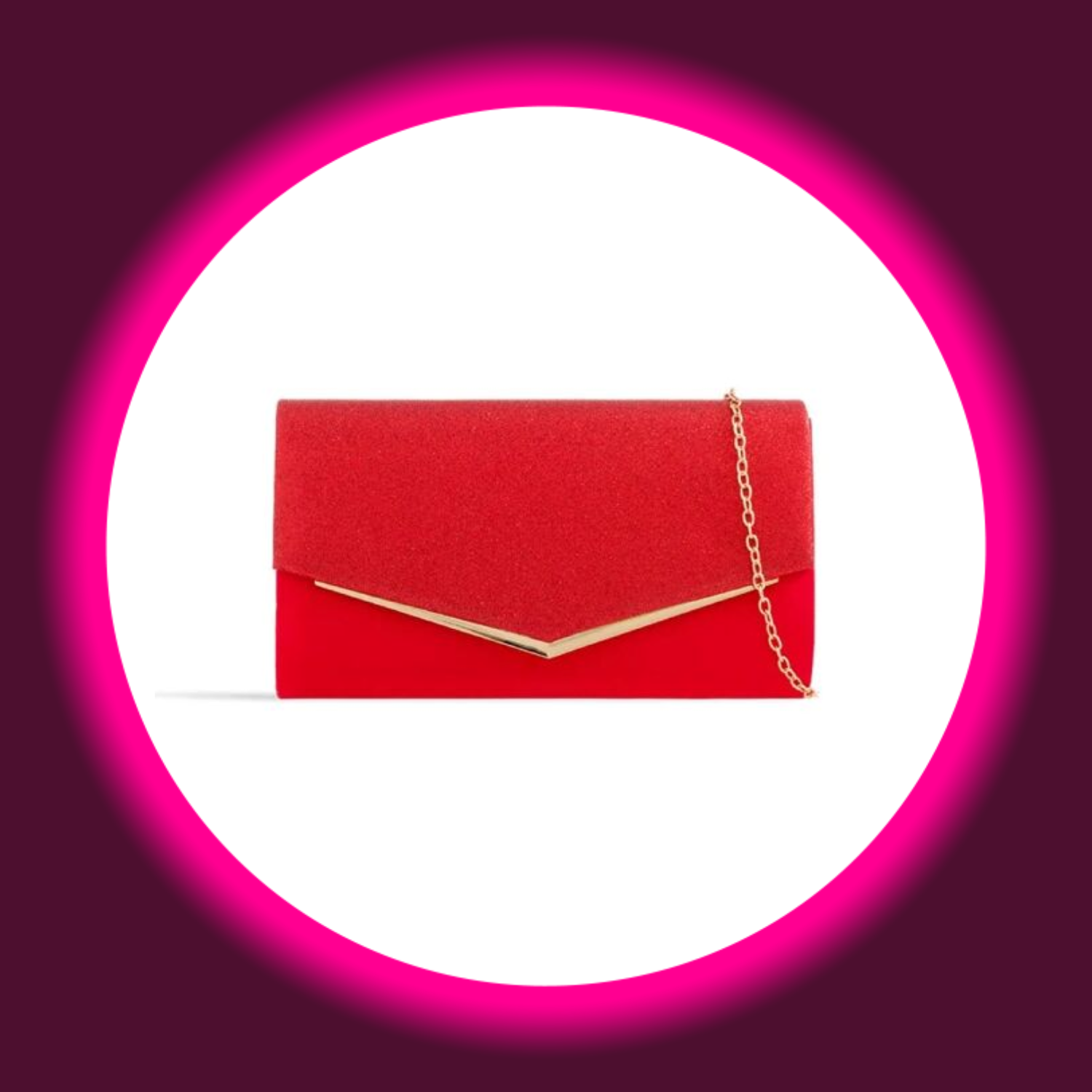rote Clutch mit goldenem Rand und goldener Kette, Aftershock London