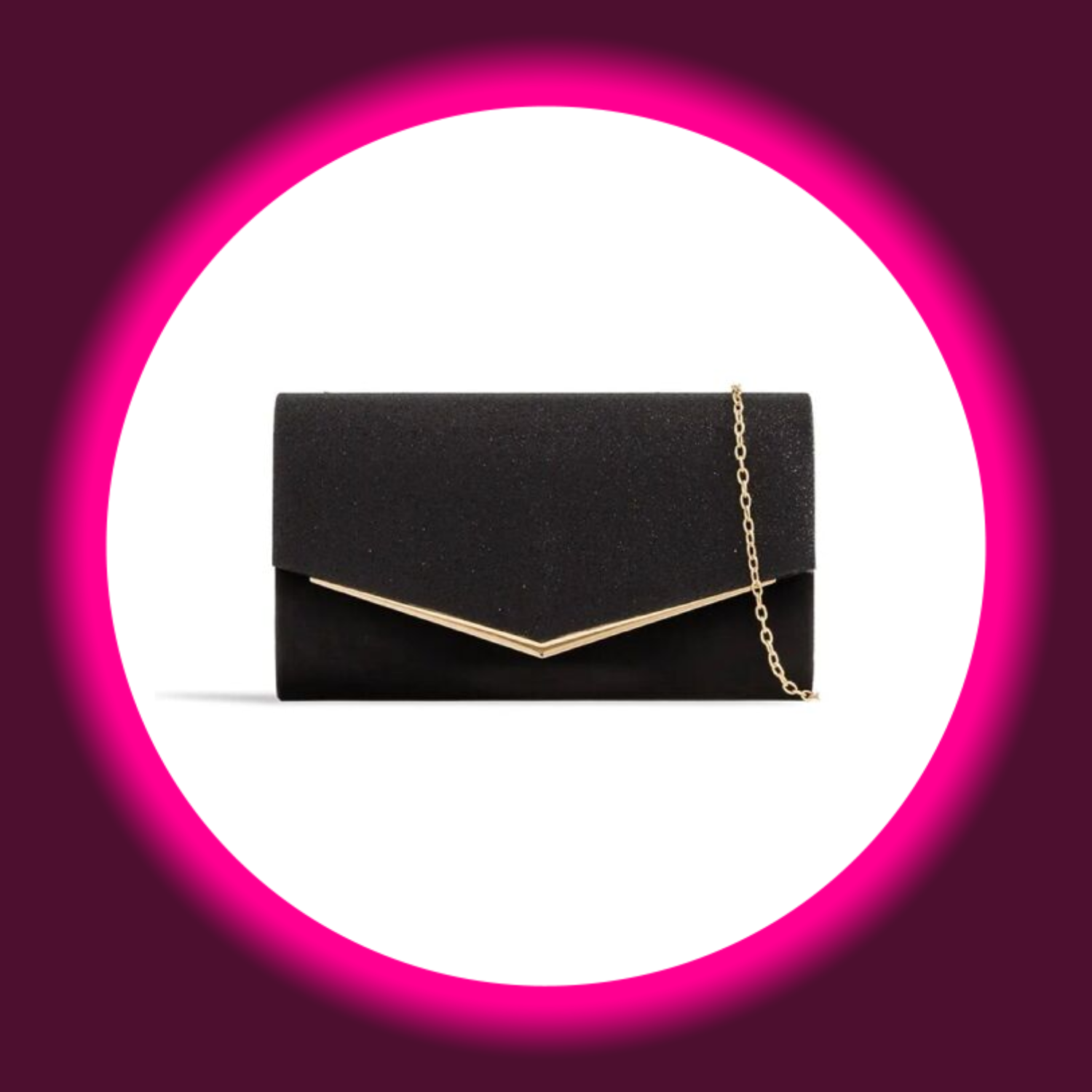 schwarze Clutch mit goldenem Rand und goldener Kette, Aftershock London