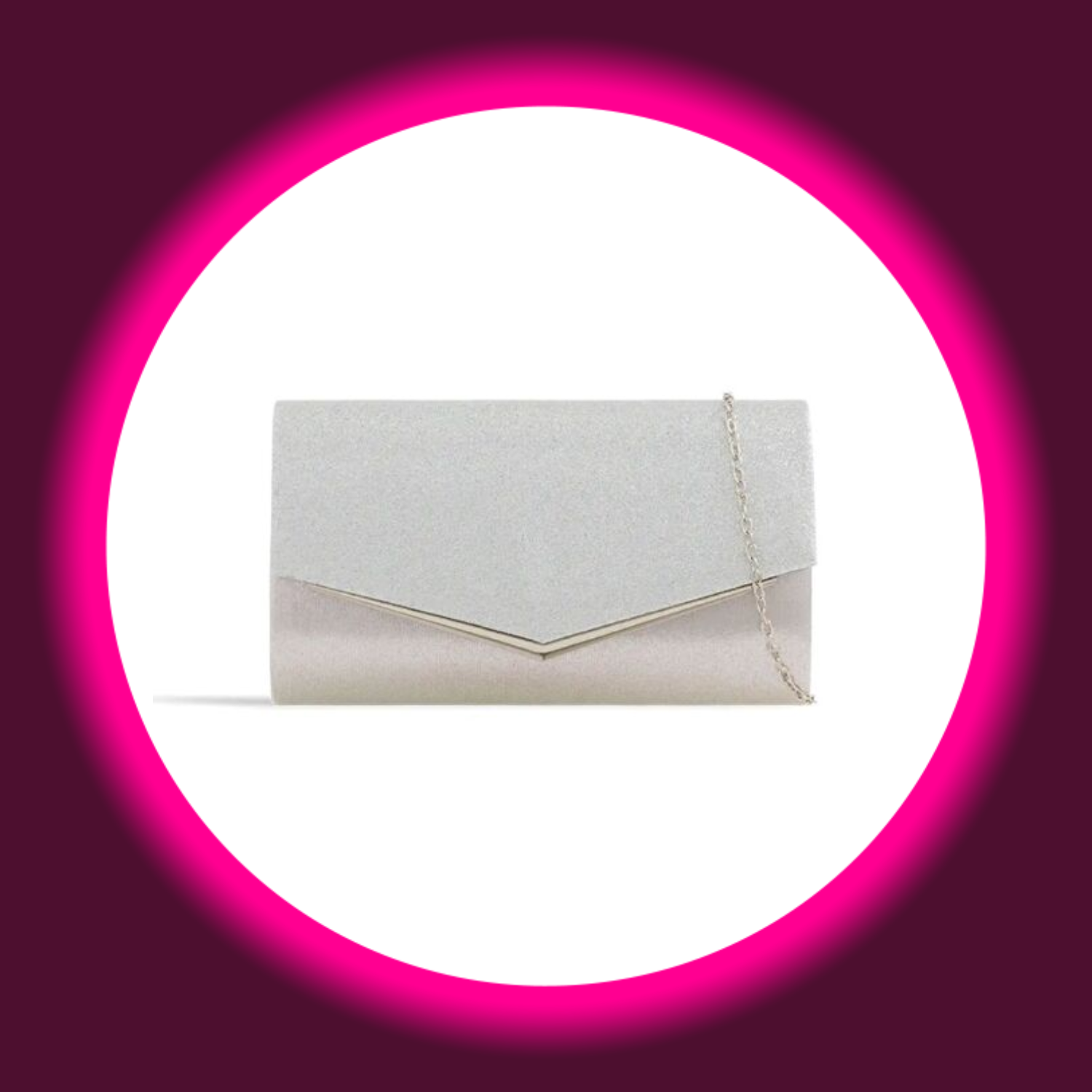 silberne Clutch mit silbernem Rand und silberner Kette, Aftershock London