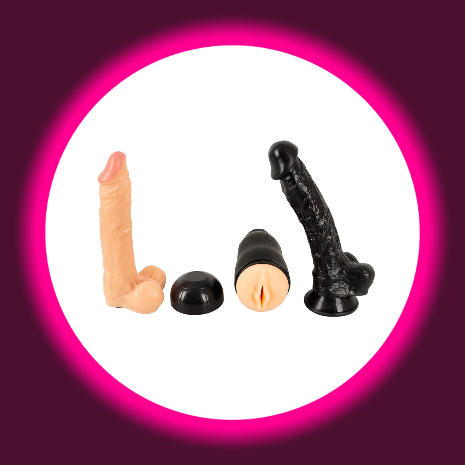 stehender beiger Naturdildo, liegender Masturbator in Vaginaoptik, stehender schwarzer Naturdildo