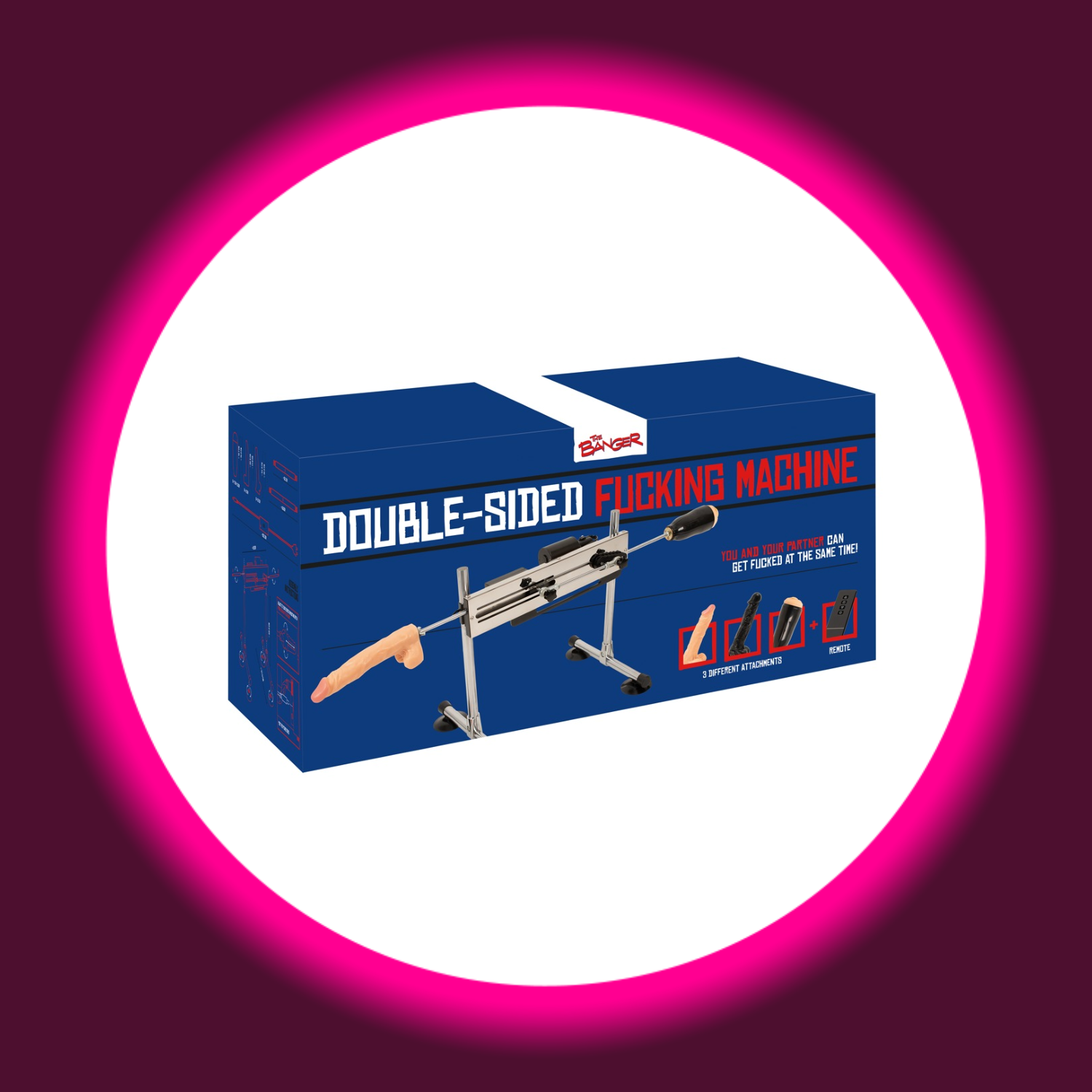 blaue Verkaufsverpackung der Sexmaschine Double Sided von The Banger