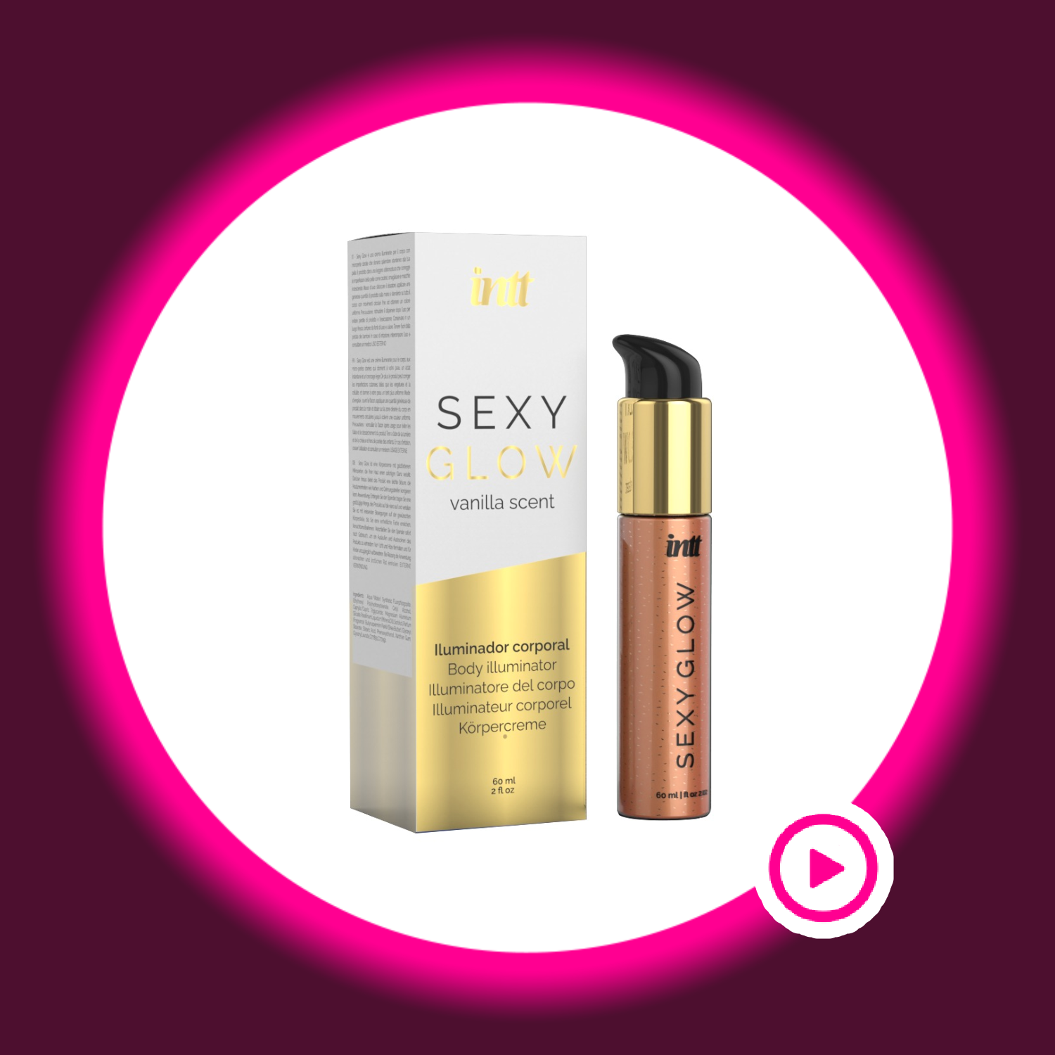 weiß goldene Produktverpackung einer Bodylotion mit daneben stehendem Cremespender mit der Aufschrift sexy glow