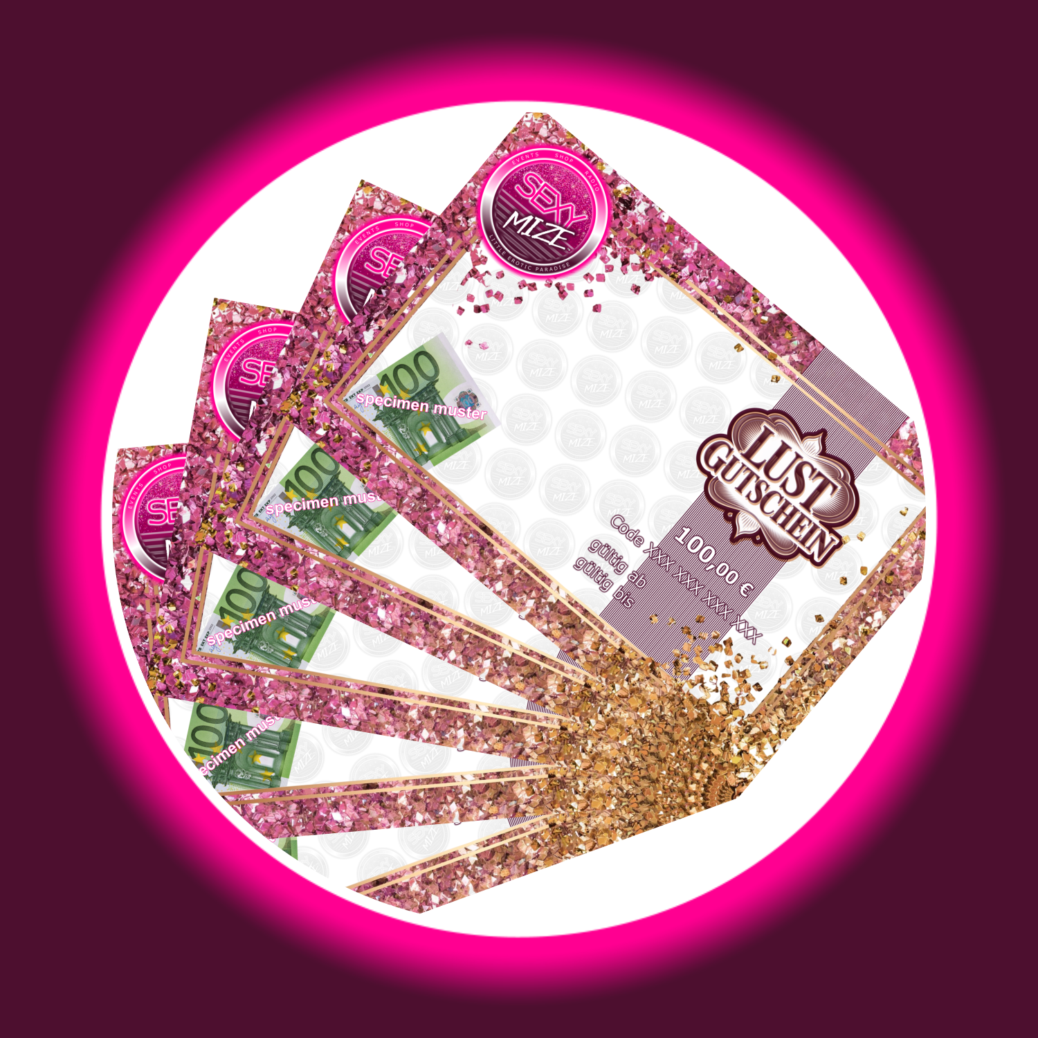 pinke goldene rechteckige Gutscheine von Sexymize, mit Abbildung des Wertes 100 Euro