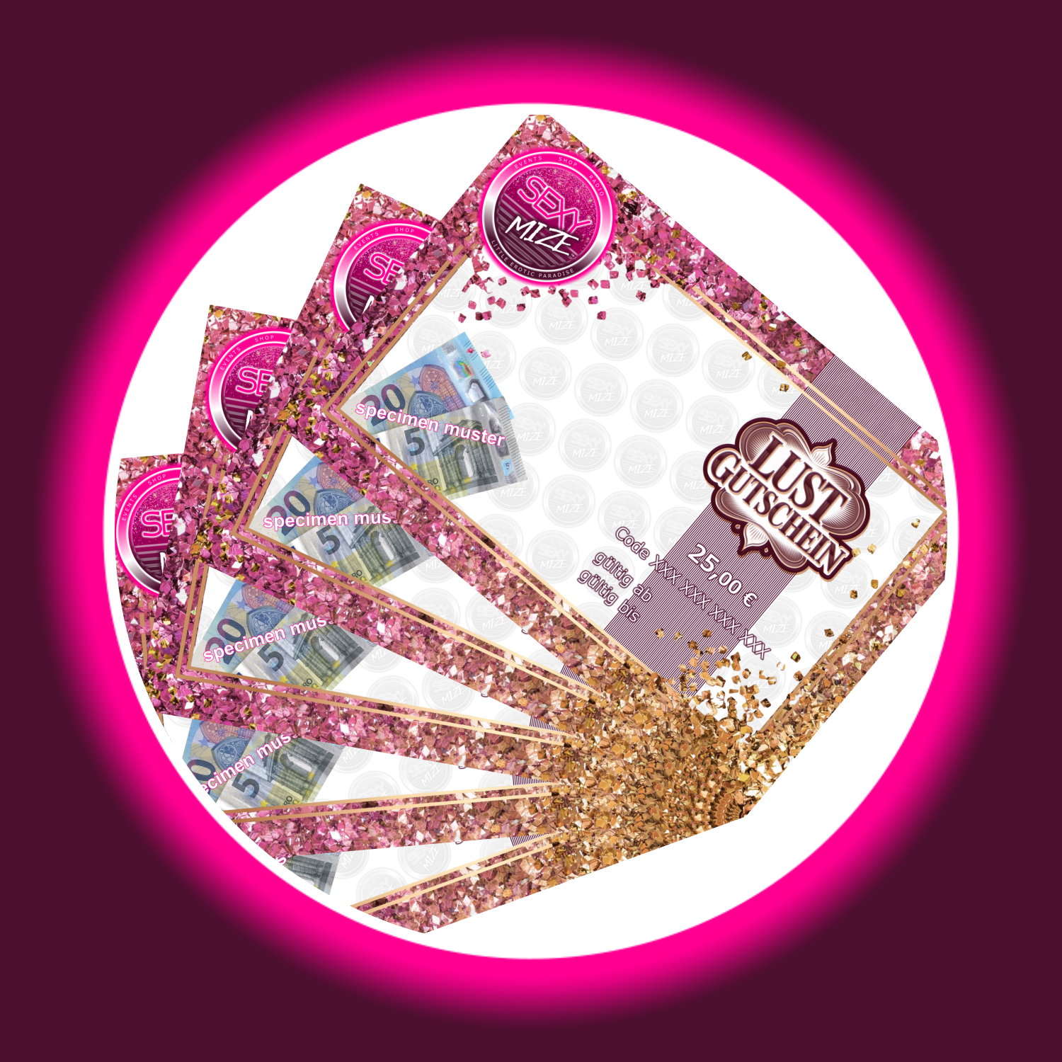 pinke goldene rechteckige Gutscheine von Sexymize, mit Abbildung des Wertes 25 Euro