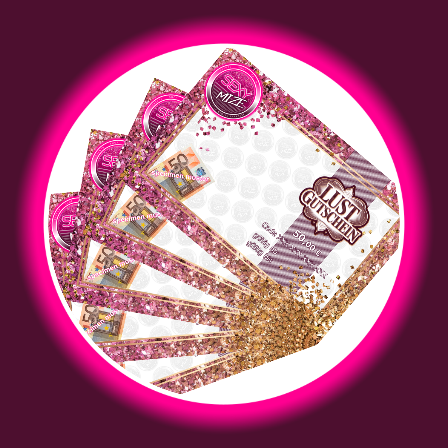 pinke goldene rechteckige Gutscheine von Sexymize, mit Abbildung des Wertes 50 Euro