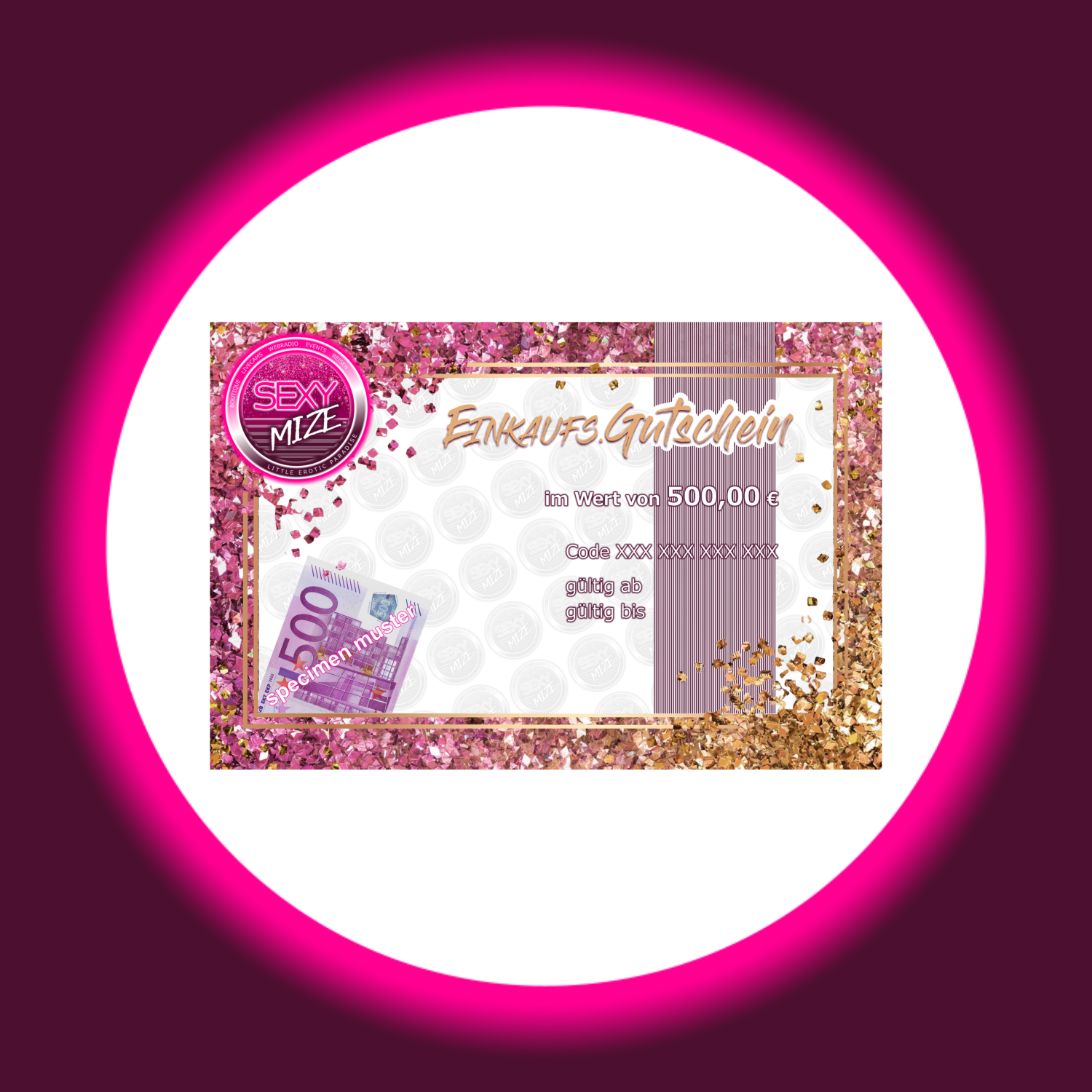 pink goldener rechteckiger Gutschein von Sexymize, mit Abbildung des Wertes 500 Euro
